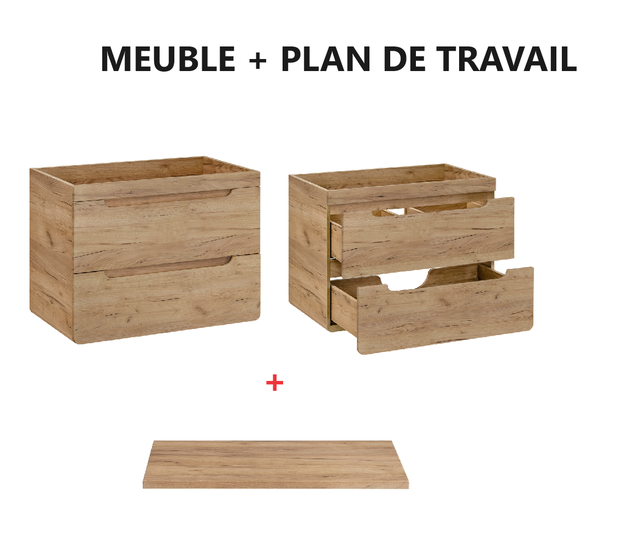 Meuble sous lavabo de salle de bain - Chêne artisanal doré - L60-H59-P46 - ARRIBA + Plan de vasque en bois CHÊNE GOLD CRAFT L-61-P46-H2,5