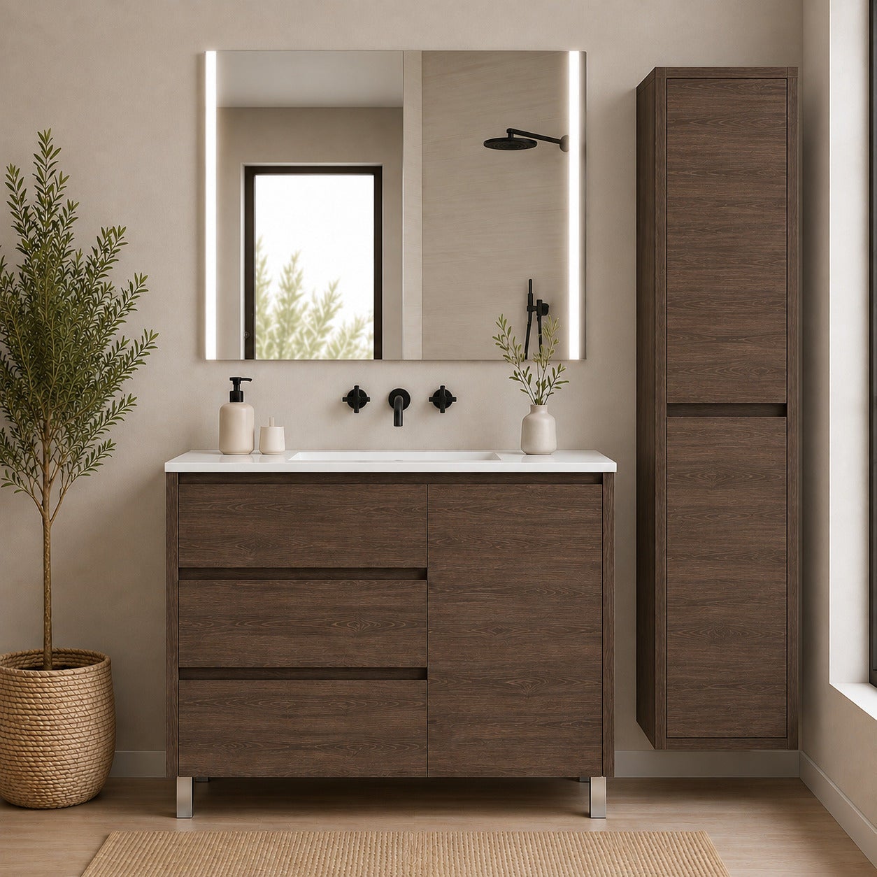 Mobilier de baie con 3 cajones, puerta y lavabo ORIGENBATH VOLUM fără oglindă 90x40 cm frasin tea cu coloană