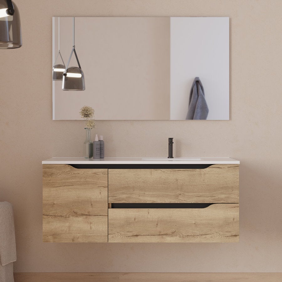 Meuble sous vasque seul, 2 tiroirs et 1 porte, 120cm, vasque déportée droite - madera miel (bois clair) - ZARZA - 3