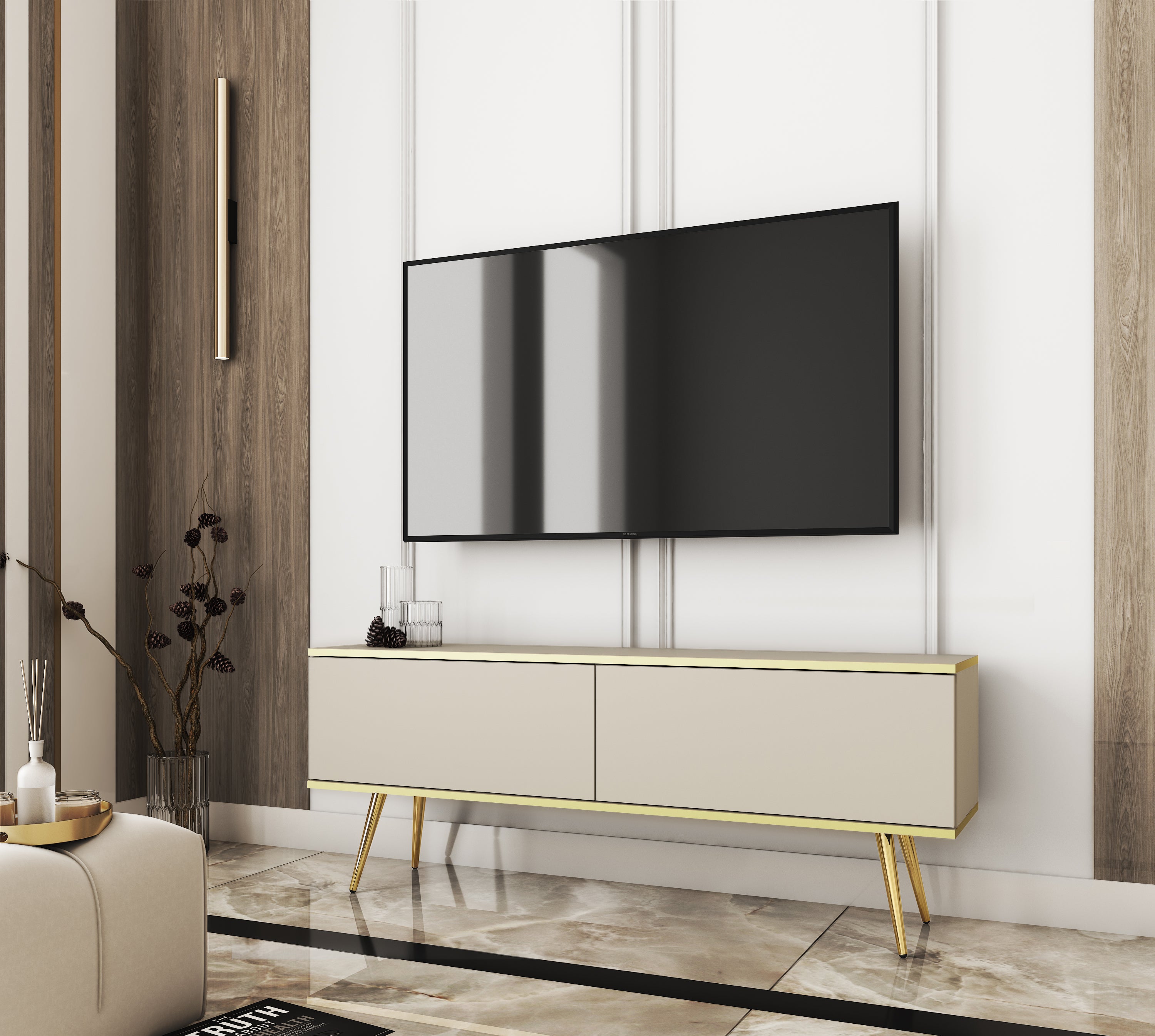 Szafka RTV, beżowa, złote nogi, 135 x 30 x 52 cm, otwierana na naciśnięcie - 2