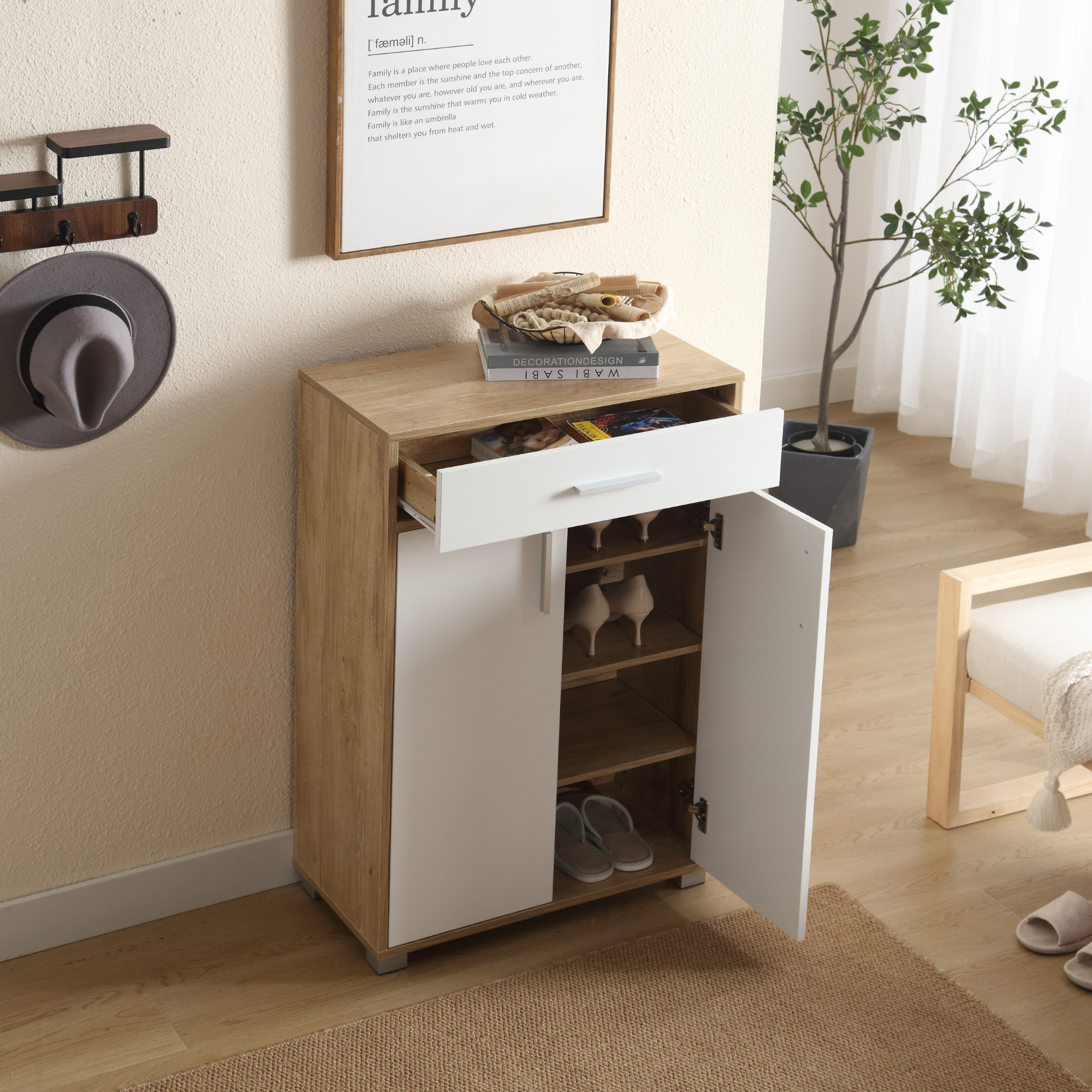 Meuble à chaussures peu encombrant 2 portes 1 tiroir 5 étagères 63 x 33 x 95 cm Meuble en bois Armoire d'entrée, design blanc et chêne - ZIK - 7