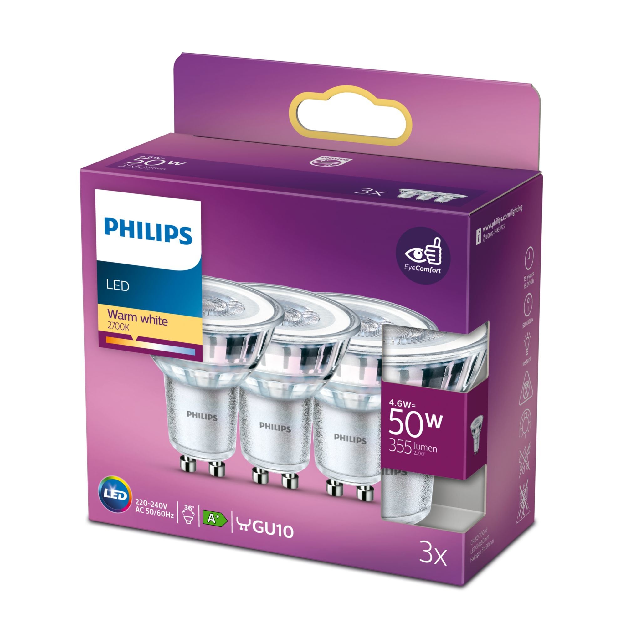 Philips Lighting 77611400 Led Cee 2021 F (a - G) Gu10 4.6 W = 50 W Blanc Chaud (ø X L) 50 Mm X 50 Mm 3 Pc(s) - 5