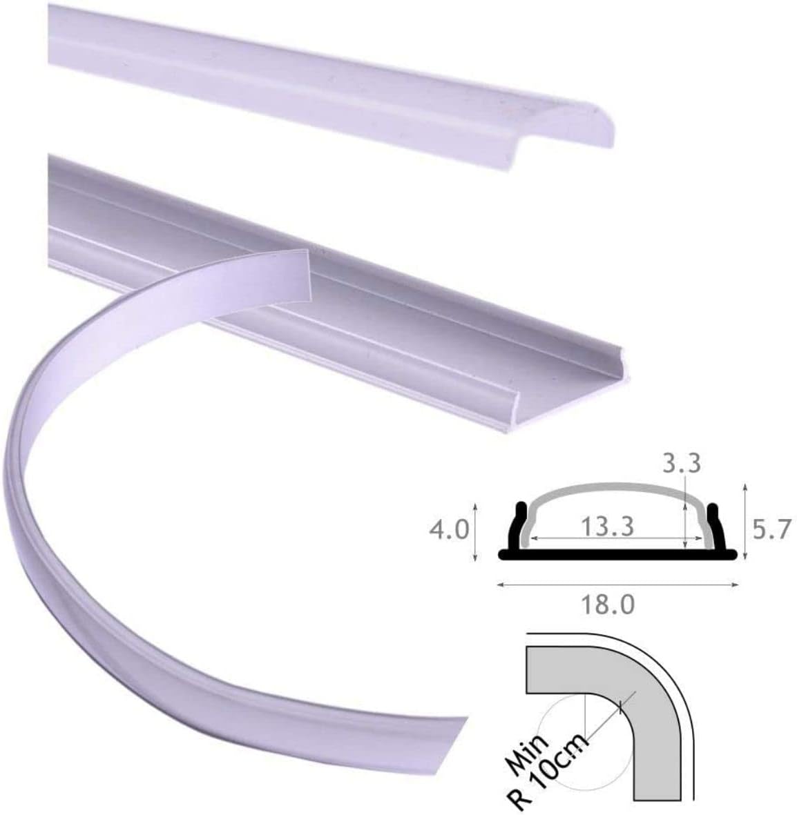 Gimisgu 10x Profilo Alluminio U 1m con copertura, Tappi e Ganci inclusi per strisce LED fino a 12 mm di larghezza, Profilo per LED