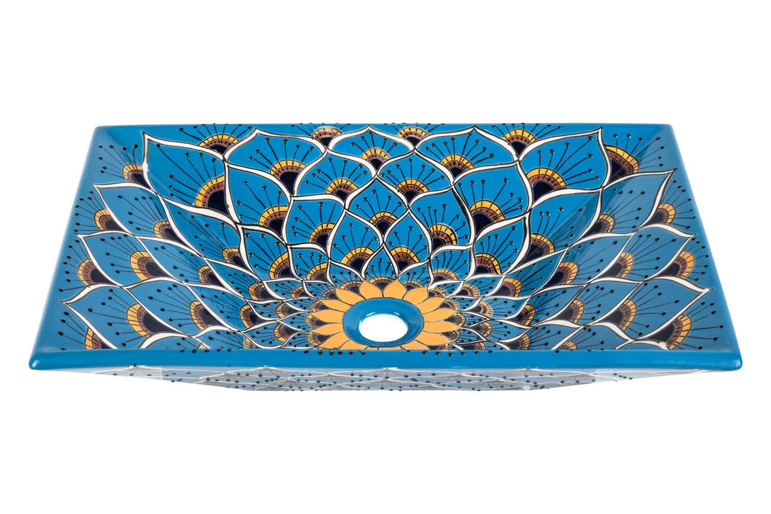 Meksykańska ceramiczna umywalka nablatowa z reliefem Azura Prima – prostokątna umywalka łazienkowa 55 x 36 x 11 cm | Umywalka z motywami Talavera