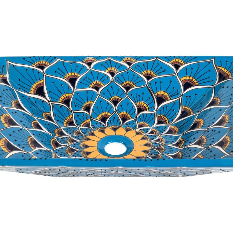 Meksykańska ceramiczna umywalka nablatowa z reliefem Azura Prima – prostokątna umywalka łazienkowa 55 x 36 x 11 cm | Umywalka z motywami Talavera
