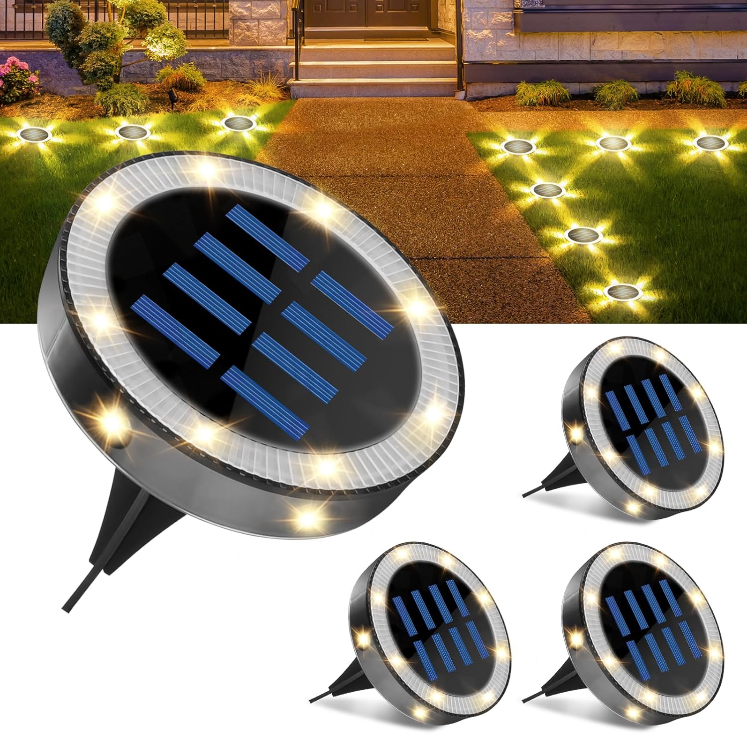 Zestaw 4 lamp solarnych 6 LED do oświetlenia ogrodu, wpuszczane reflektory solarne IP44, wodoodporne, do ścieżek, tarasów, dziedzińców i pod ziemią [K