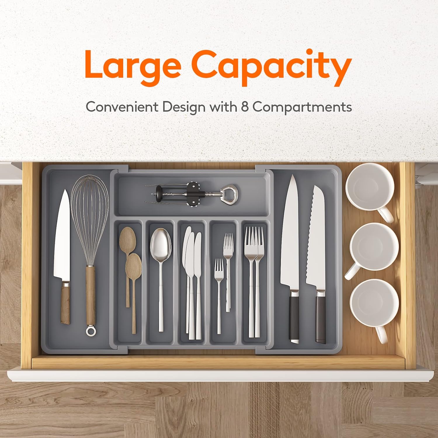 Organizer Per Posate Espandibile In Acrilico - Vassoio Regolabile Per Cassetti Cucina Da 33 A 57 Cm - 8 Scomparti