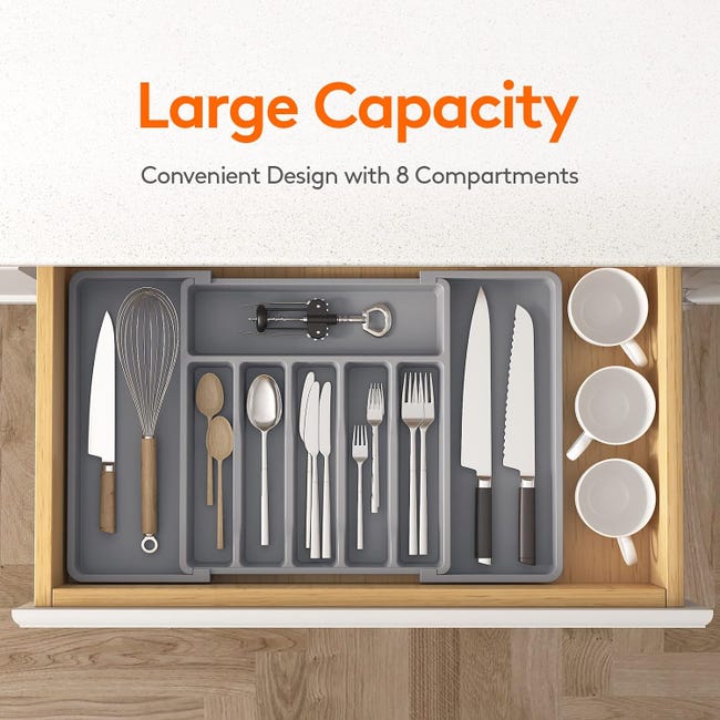 Organizer Per Posate Espandibile In Acrilico - Vassoio Regolabile Per Cassetti Cucina Da 33 A 57 Cm - 8 Scomparti
