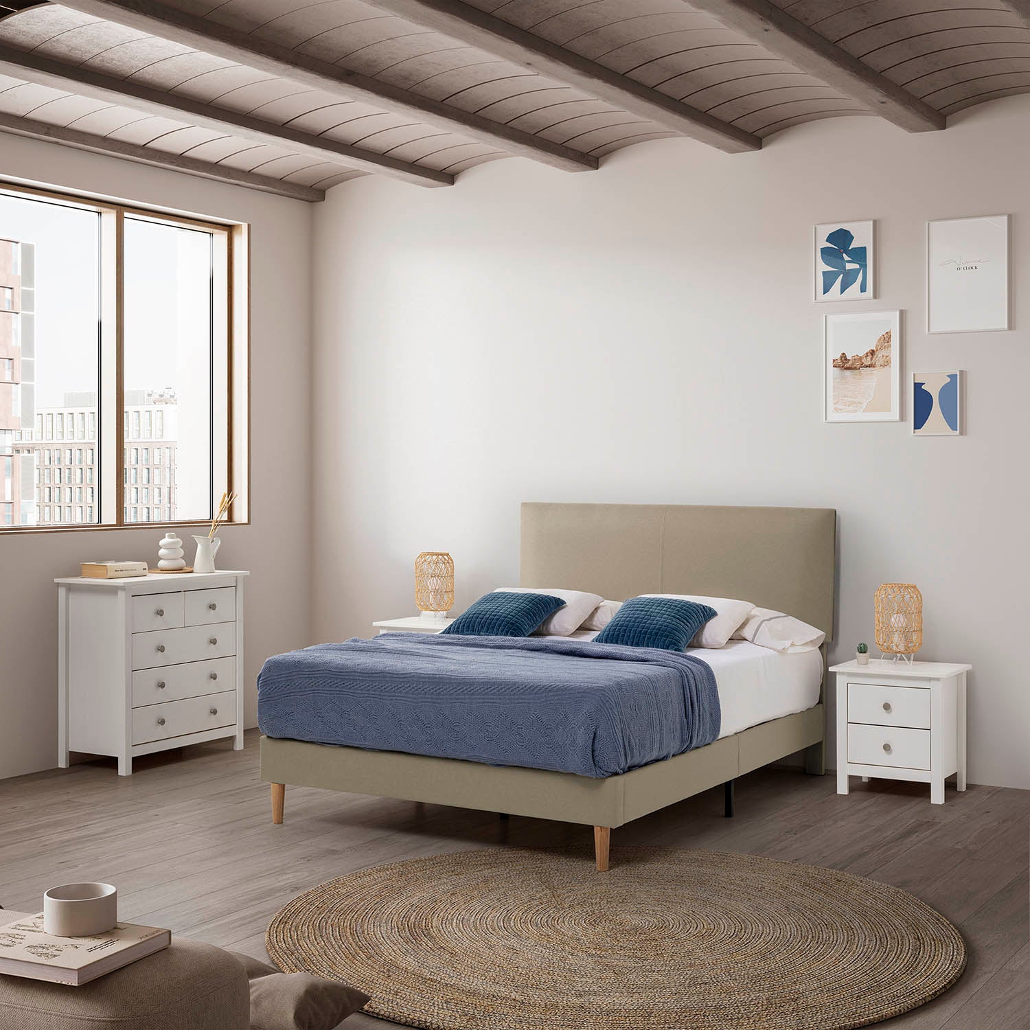 Estructura de cama tapizada Lauren de 30 cm, 150x190 cm, Beige - 2