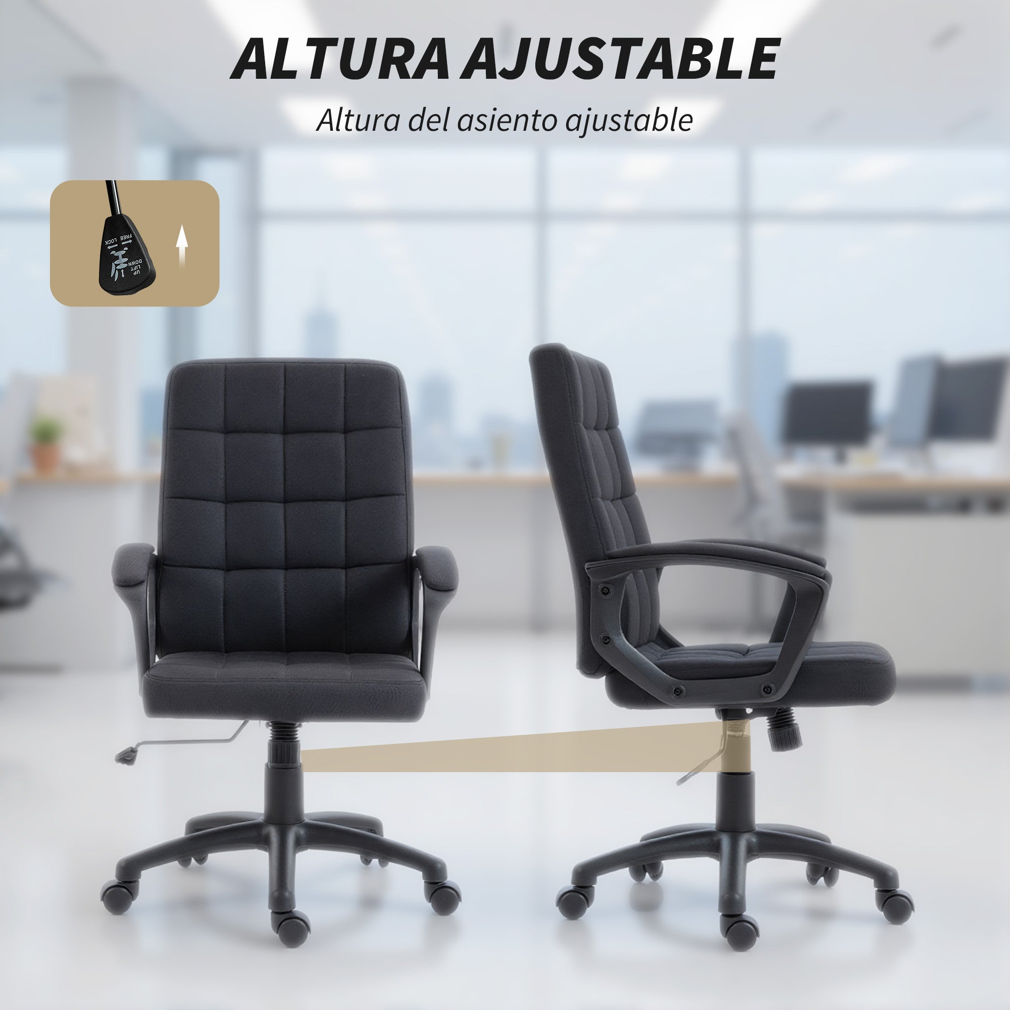 Fauteuil de bureau pivotant revêtu de lin synthétique, réglable en hauteur et en inclinaison, dossier mi-haut, accoudoirs, noir - 7