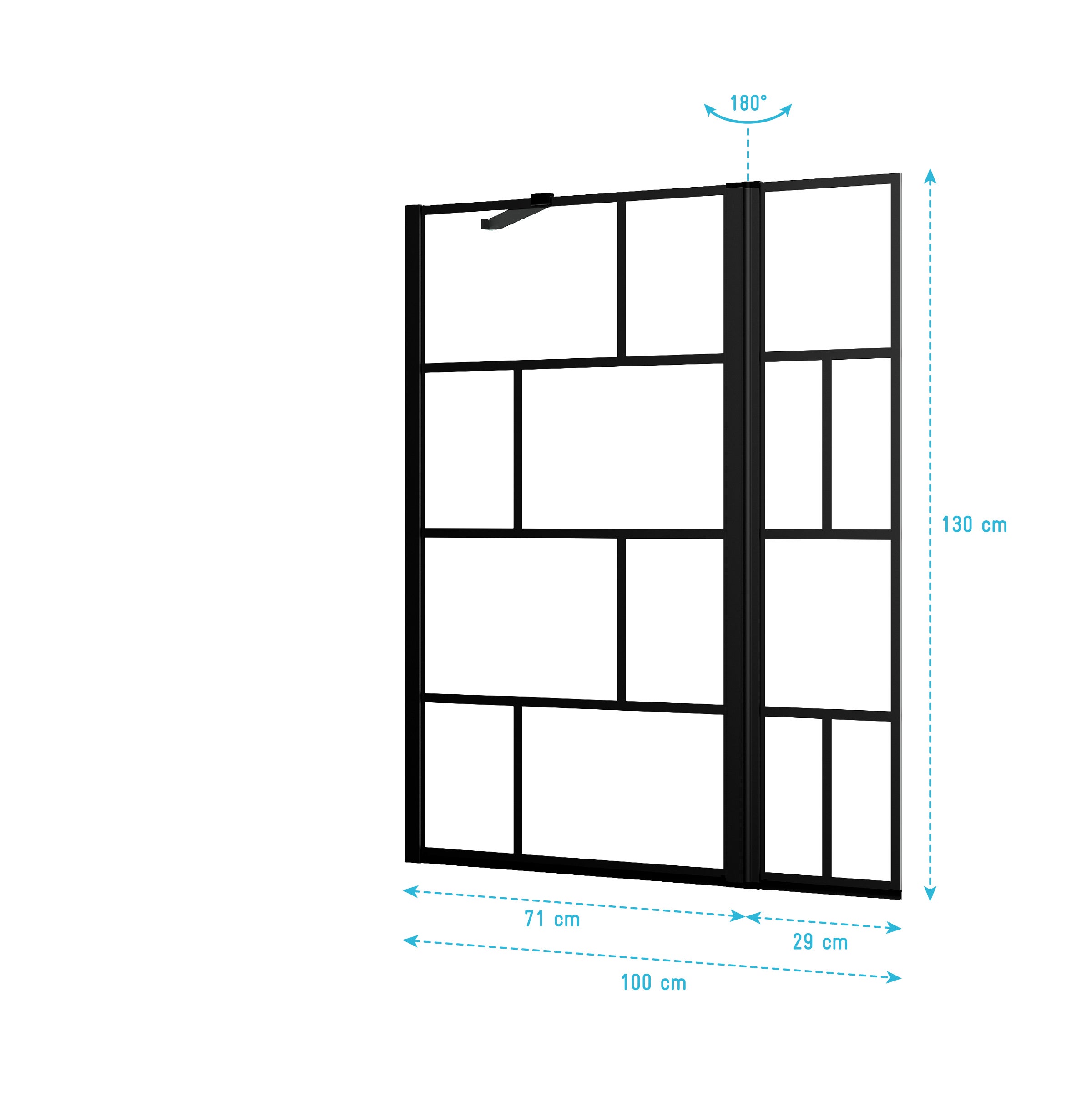 Pare baignoire avec volet pivotant - profile noir mat - 130x104 (HxL) - verre 5mm sérigraphié - 5