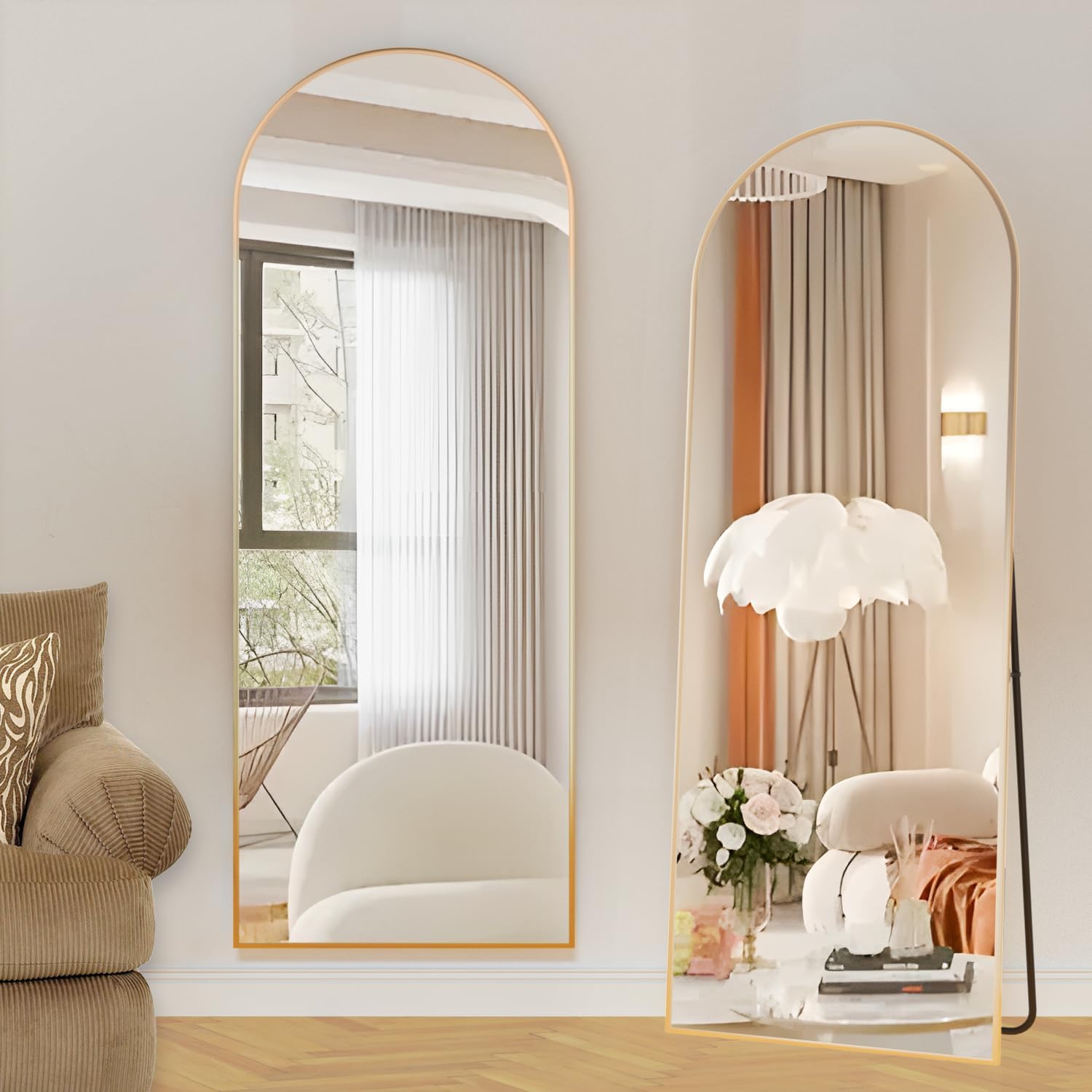 Miroir pleine longueur 162 x 53 cm, miroir de sol avec cadre en aluminium, miroir sur pied arqué lisse, doré - 5