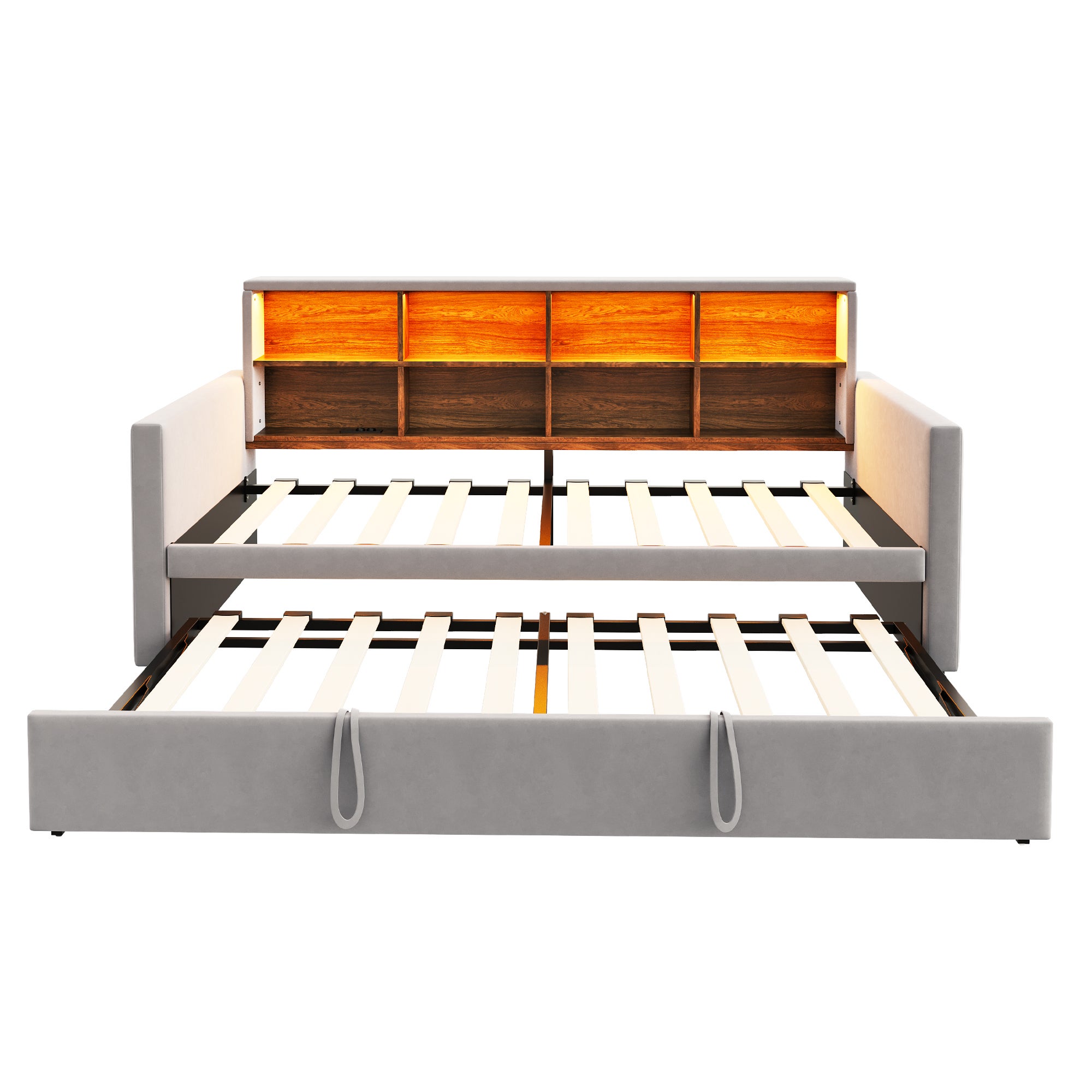 Rozkładana sofa z poduszkami 90x190cm - z oświetleniem LED - z gniazdem ładowania - z wysuwane łóżko - tkanina welurowa - Jasnoszary - 8