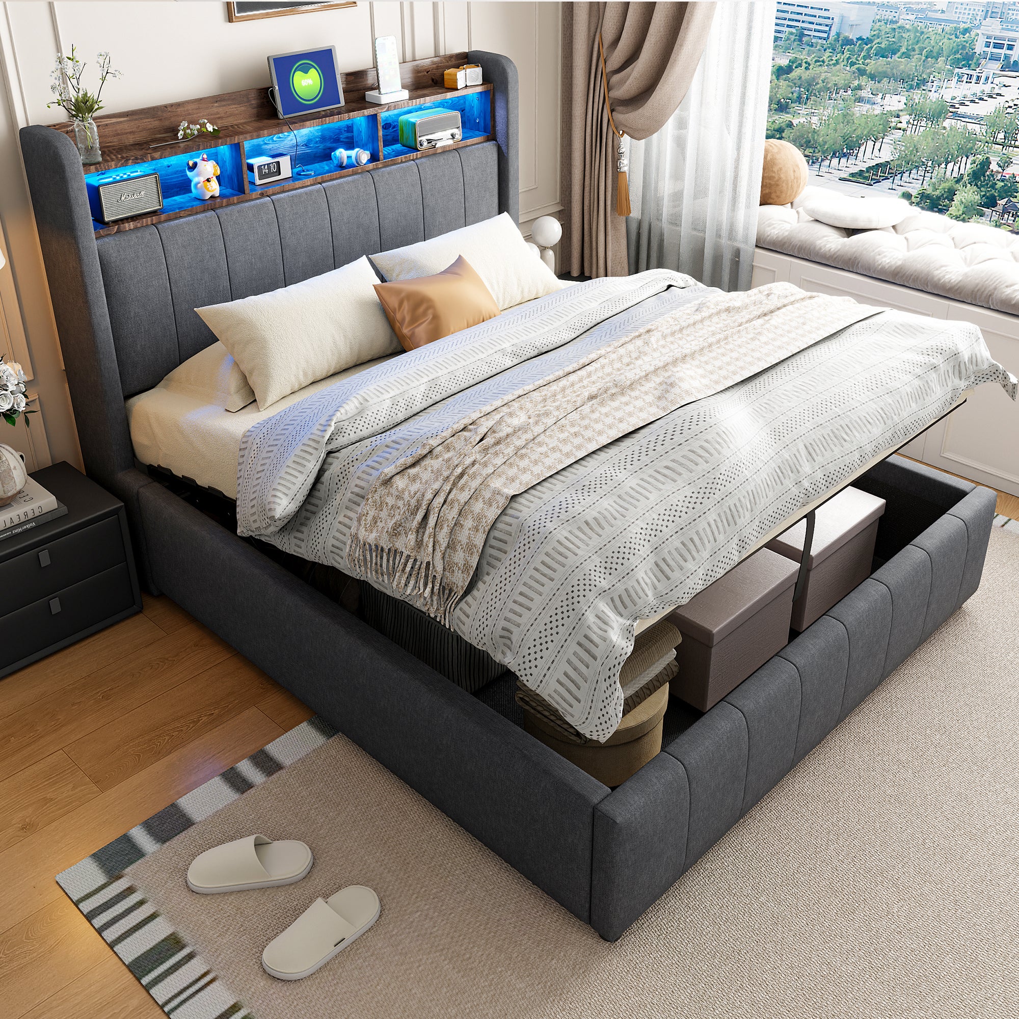 Letto contenitore imbottito in lino 140x200 cm - con LED + prese ...