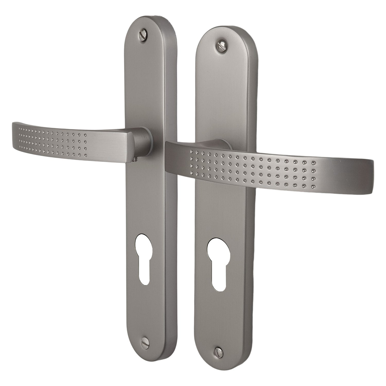 2 poignées de porte AUDACE trou de Cylindre, Aluminium nickel mat entraxe 195 mm, entrée bureau garage - 3