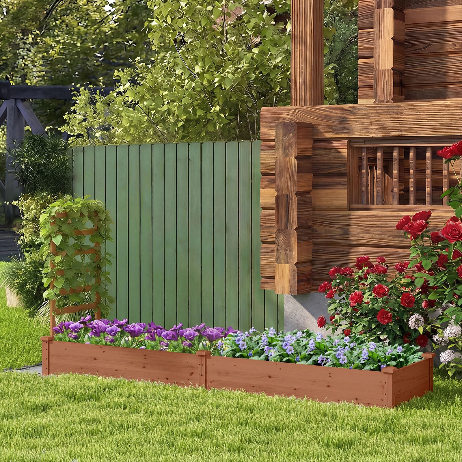 Jardinière avec Treillis en Bois avec Base Ouverte, 2 Bacs à Fleurs Extérieur pour Plante Grimpante, Lit de Jardin Surélevée, Marron - 2