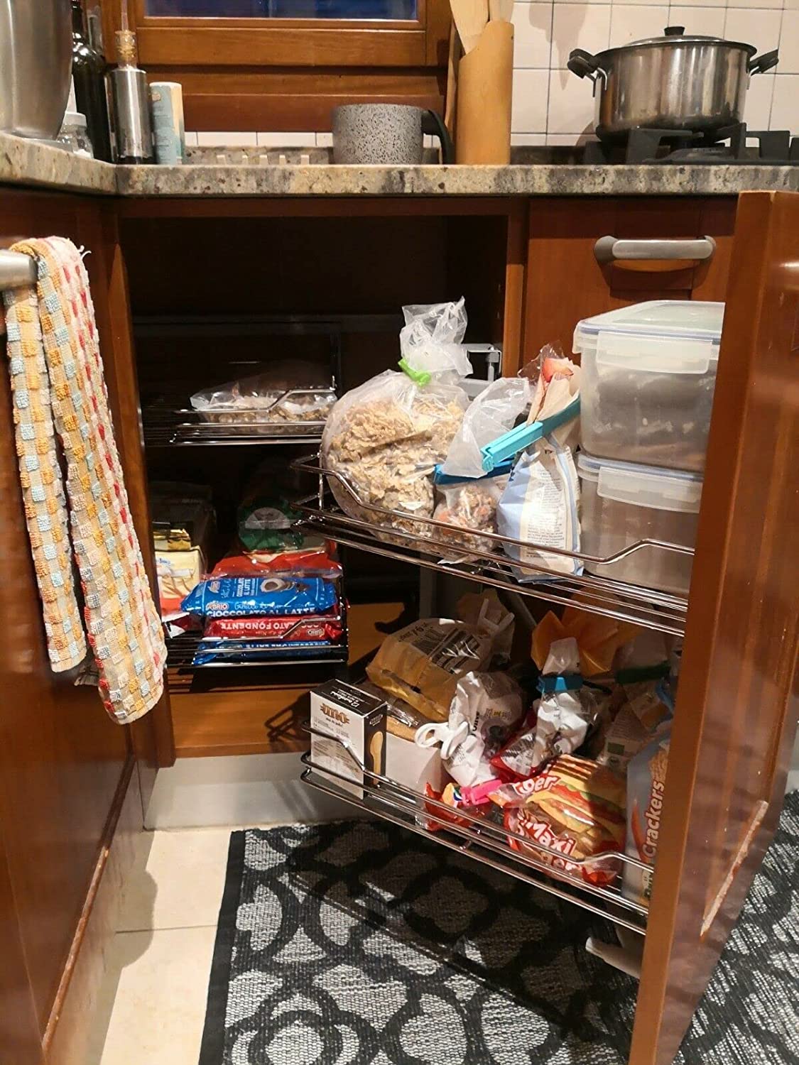 Mécanisme à 4 Paniers Coulissants d’Angle de cuisine, Sortie Totale et Fermeture Amortie - Panier en Métal avec 4 Plateau pour Placard Cabinet - 4