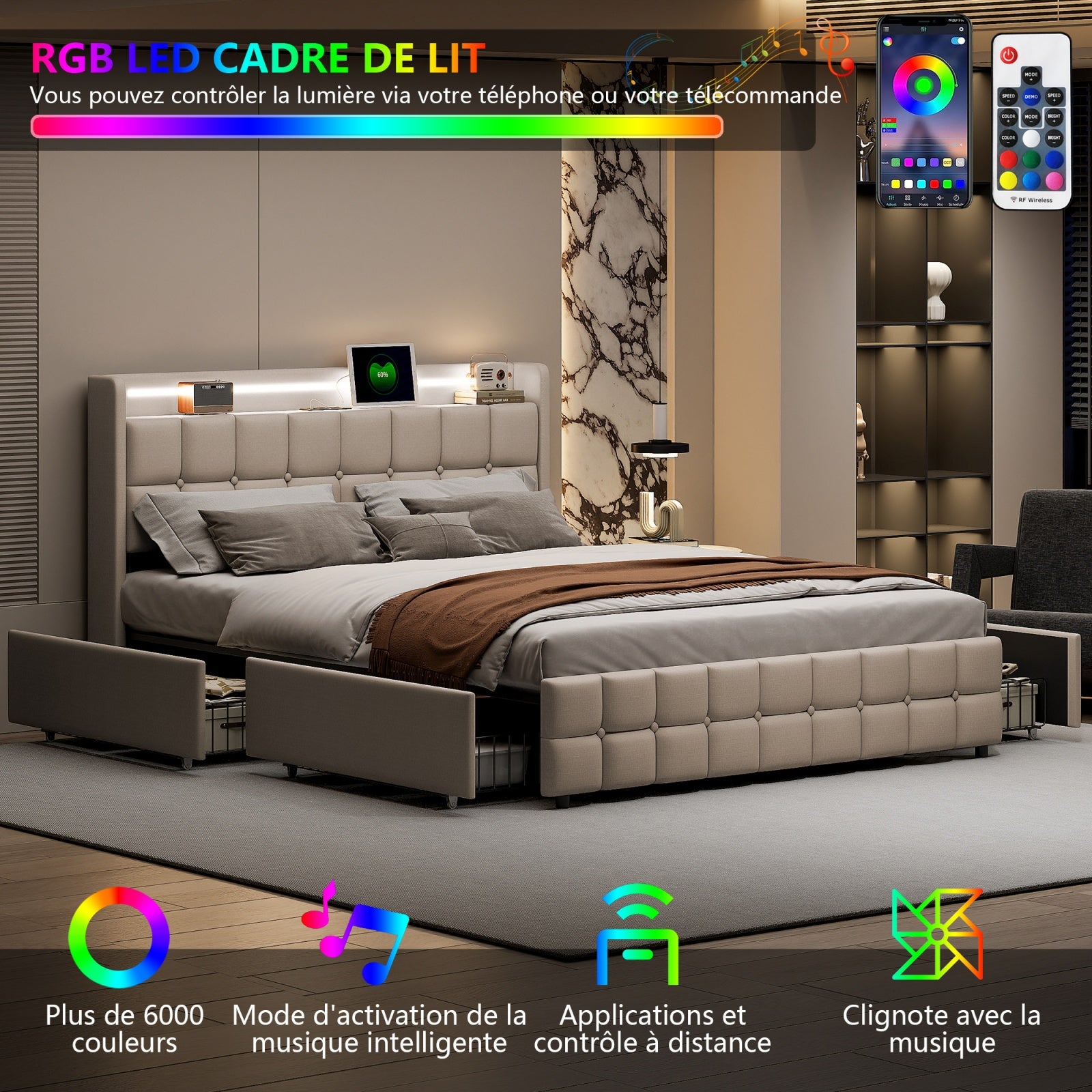Lit 160 x 200 cm double avec rangement,Lit rembourré,Avec 4 tiroirs,Ports de recharge USB,Éclairage LED réglable,Tissu lin beige,Sommier à lattes - 4