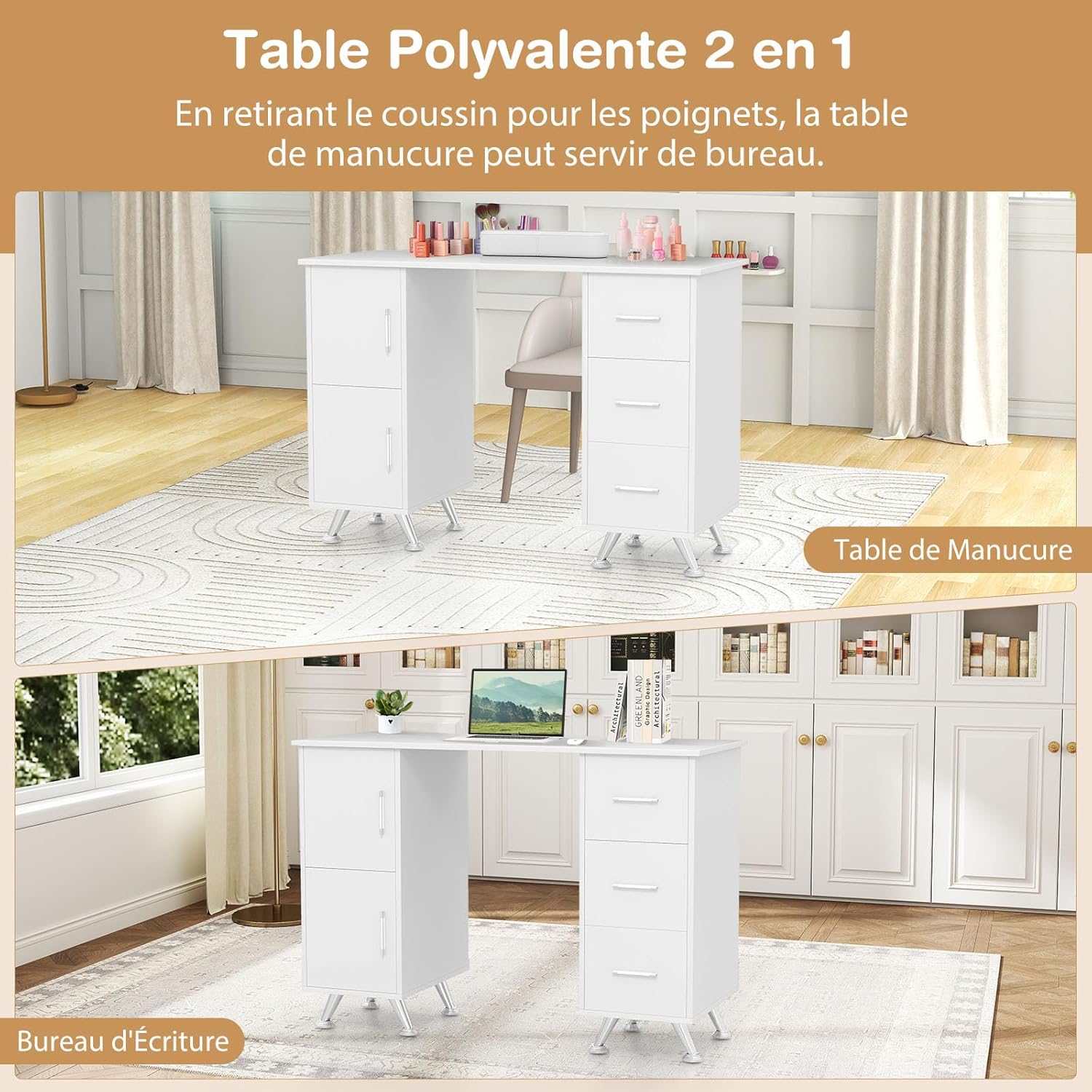 Tavolo da manicure professionale, scrivania e tavolo per unghie 2 in 1, con poggiapolsi, postazione di lavoro in legno, per centro estetico (Bianco) - 2