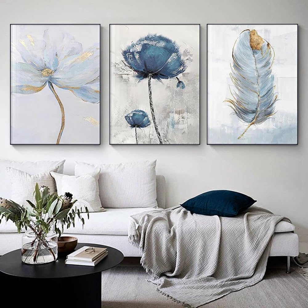Lot de 3 affiches de plumes de style nordique avec fleurs bleues, images d'art mural, images décoratives, 30 x 40 cm – sans cadre - 3