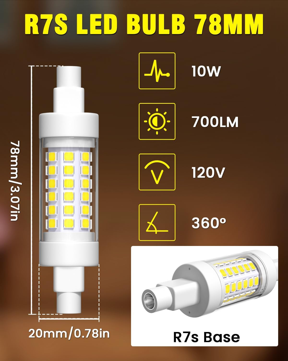 Bombilla LED R7S 10W, 78mm, 120V, equivalente a una bombilla halógena tipo J T3 de 100W, luz blanca 6000K, base doble, pack de 2 - 5