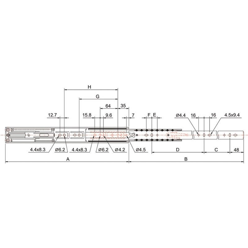 Coulisse de tiroir à billes avec amortisseur - 40 kg - sortie totale - A et B : 550 mm - C : 192 mm - D : 256 mm - 4