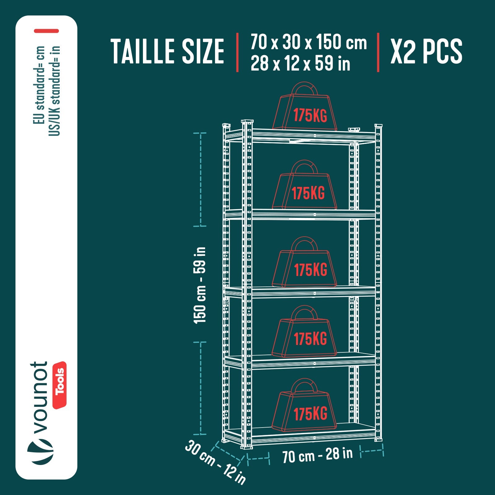 Lot de 2 étagères métalliques charge lourde 875kg - 70x30x150cm - 5 tablettes réglables - rayonnage robuste VOUNOT® - 3