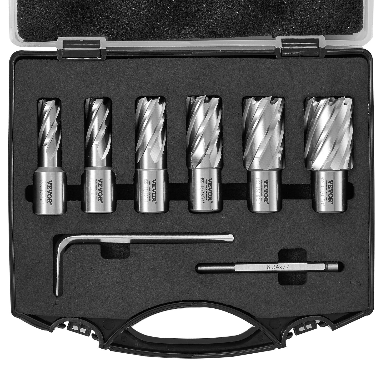 Zestaw wierteł koronowych VEVOR 6 szt., 1/2–1-1/16 cala, gł. cięcia 25,4 mm, stal M2AL HSS, do wiertarek magnetycznych i metalu