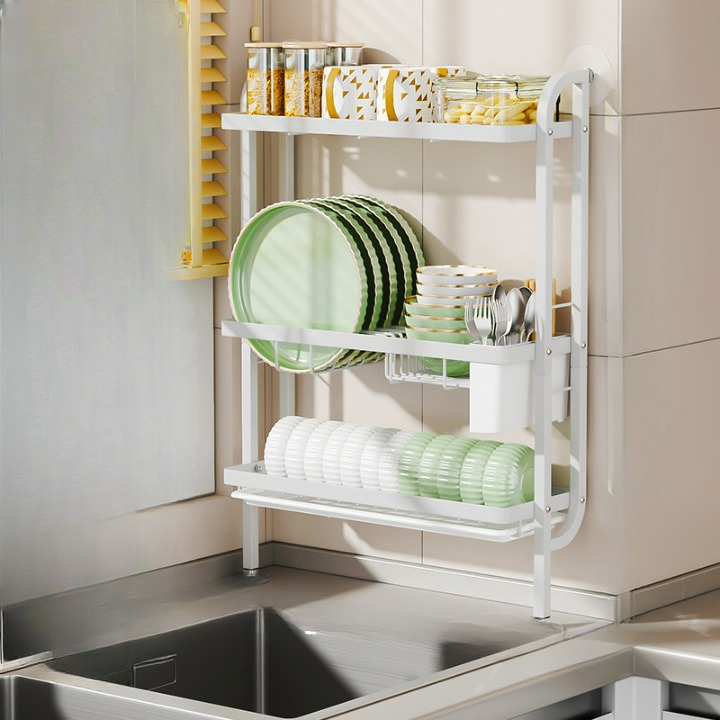 Minimalistyczny, wąski stojak na naczynia z 3 przegródkami na przybory, wielopoziomowa, wielofunkcyjna półka kuchenna, bez wiercenia, biały