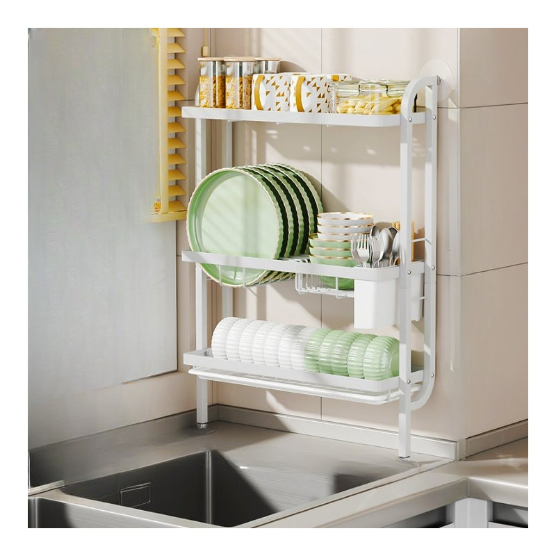 Minimalistyczny, wąski stojak na naczynia z 3 przegródkami na przybory, wielopoziomowa, wielofunkcyjna półka kuchenna, bez wiercenia, biały