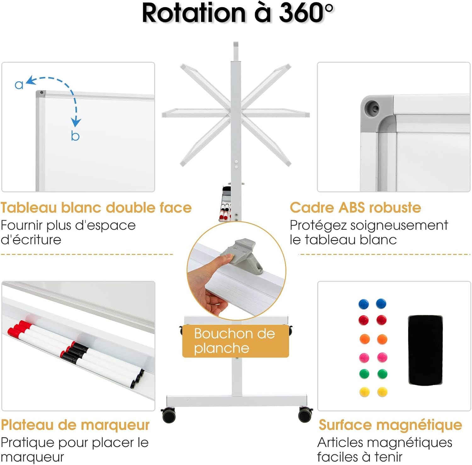 Tableau Blanc Double Face Rotatif à 360°, Tableau Blanc Effaçable à pied, Hauteur Réglable, 4 Roues Universelles avec Freins, Aimant, Marqueur, Gomme - 4