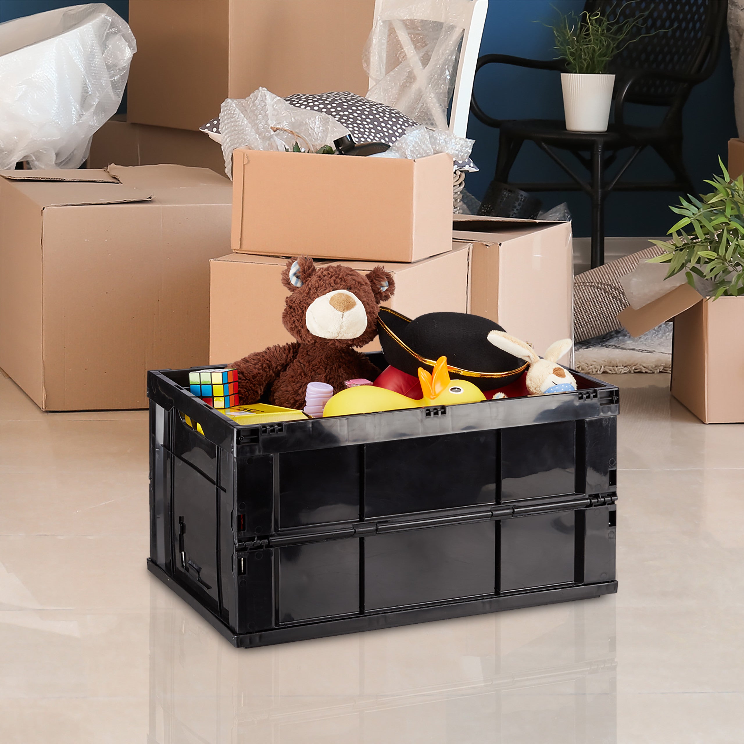 Boîte pliable couvercle, lot de 2, caisse de rangement, plastique, coffre transport 60 litres 31,5 x 58,5 x 40 cm, noir - 2