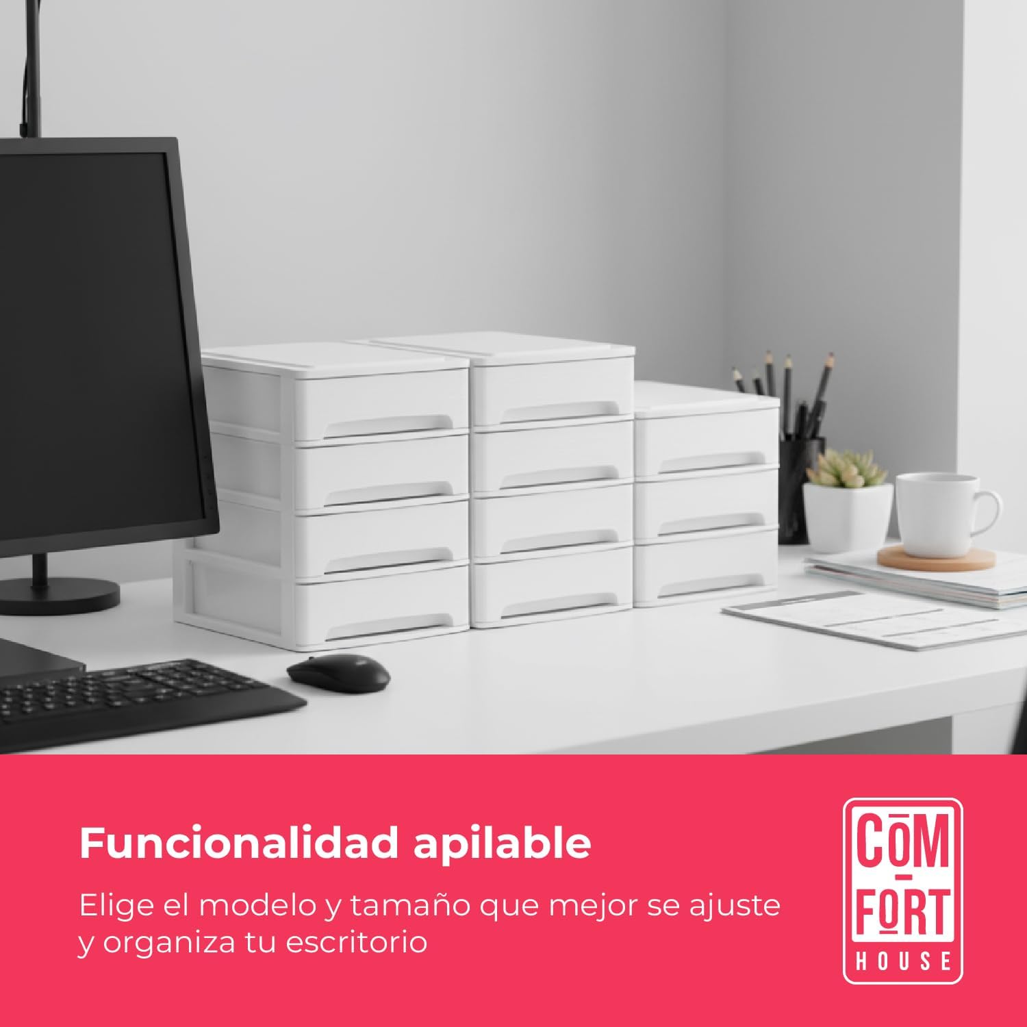 COM-FORT HOUSE | Cajonera Apilable de Plástico | Modelo Lineas | Color Blanco| Modelo de 3 Cajones | Cajones de Almacenamiento Modular - 5