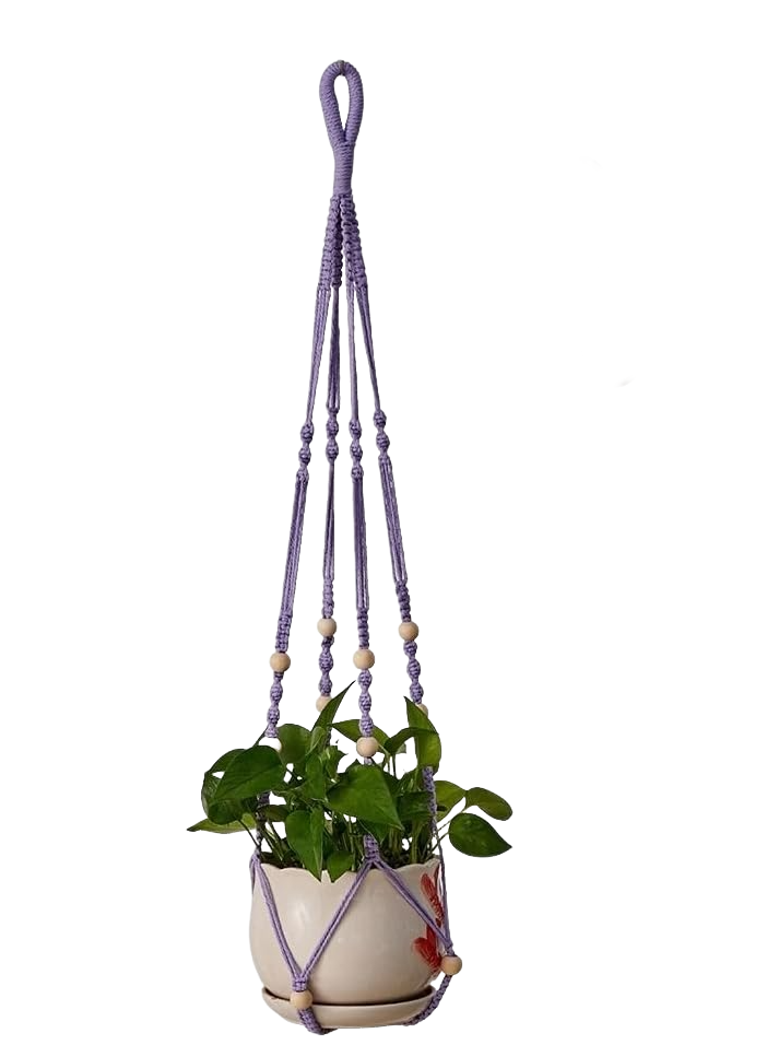 Wiszący kosz na rośliny doniczkowe, wykonany z fioletowego sznurka bawełnianego, 85 cm, z drewnianymi koralikami, ozdoba domowa, haczyki nie są dołącz