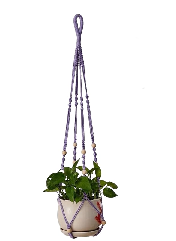 Wiszący kosz na rośliny doniczkowe, wykonany z fioletowego sznurka bawełnianego, 85 cm, z drewnianymi koralikami, ozdoba domowa, haczyki nie są dołącz