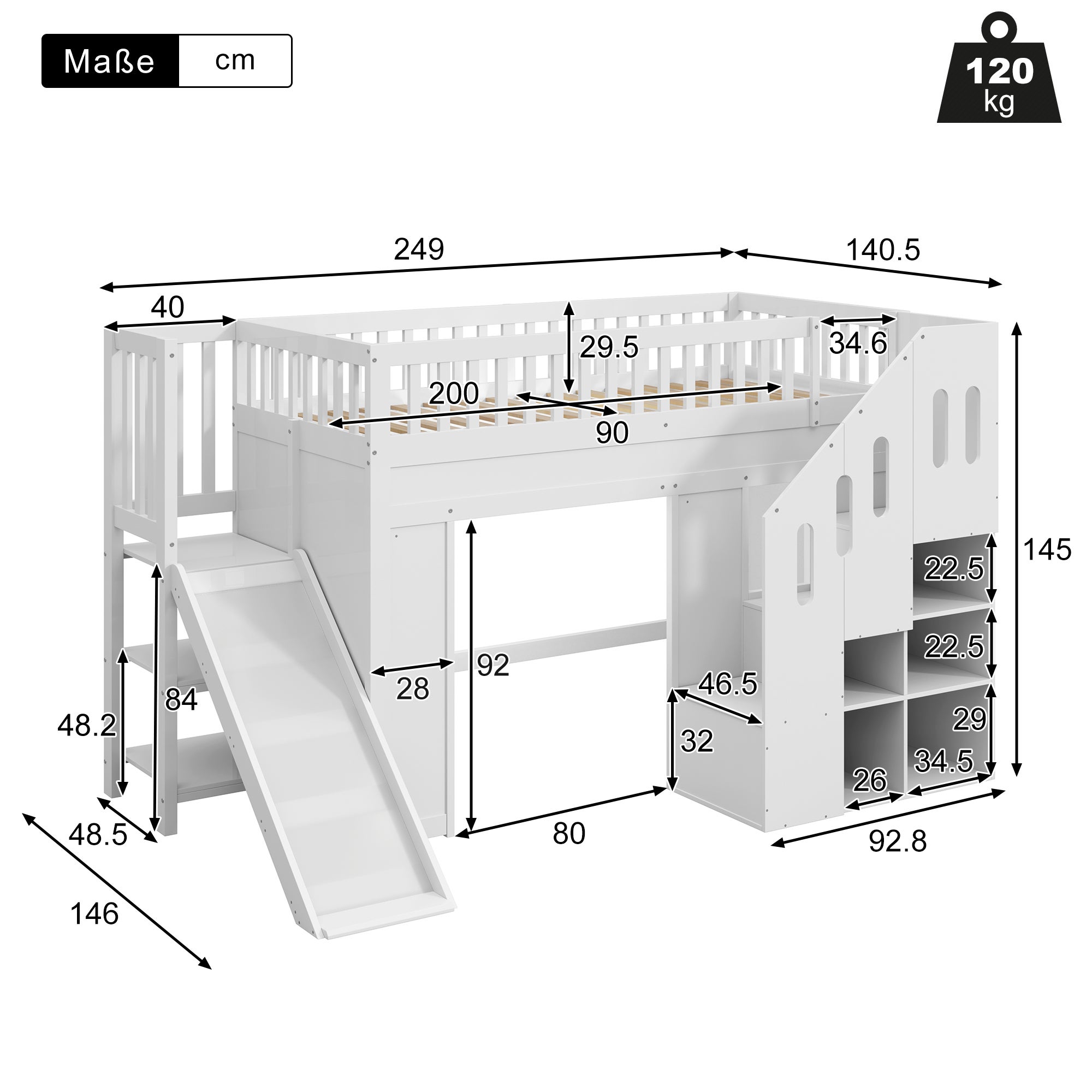 Łóżko piętrowe dla dzieci 90x200cm - z listwą świetlną LED - ze zjeżdżalnią - drabinka - białe (materac nie jest wliczony w cenę) - 4