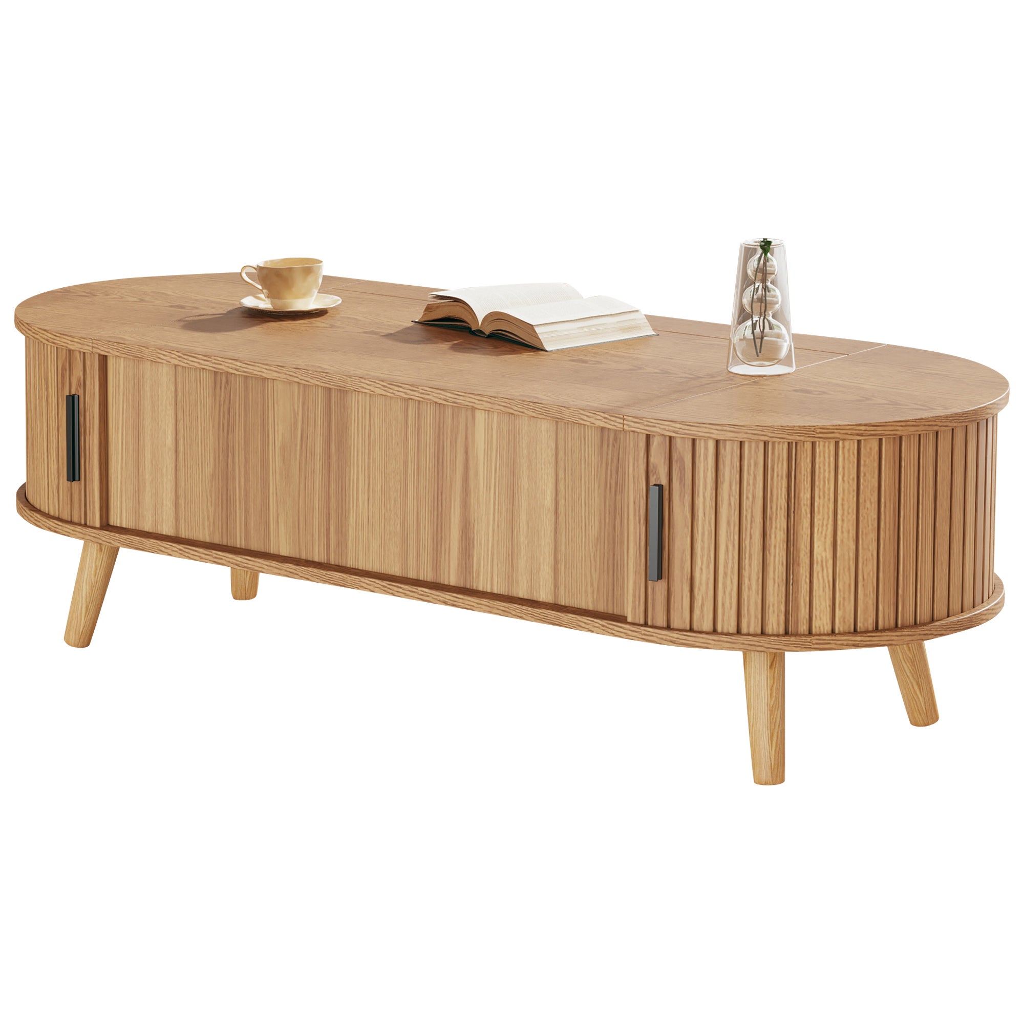 Stolik kawowy z podnoszonym blatem i 4 otwartymi półkami - 120 x 50 x 39,5 cm - MDF - do salonu - Naturalny - 5