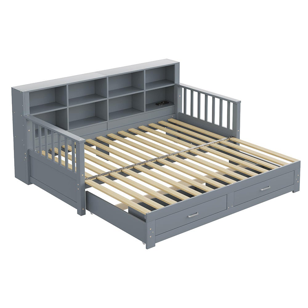 Lit combiné lit extensible bois massif 90/180x190 cm armoire de rangement avec 2 tiroirs en pin gris - 5