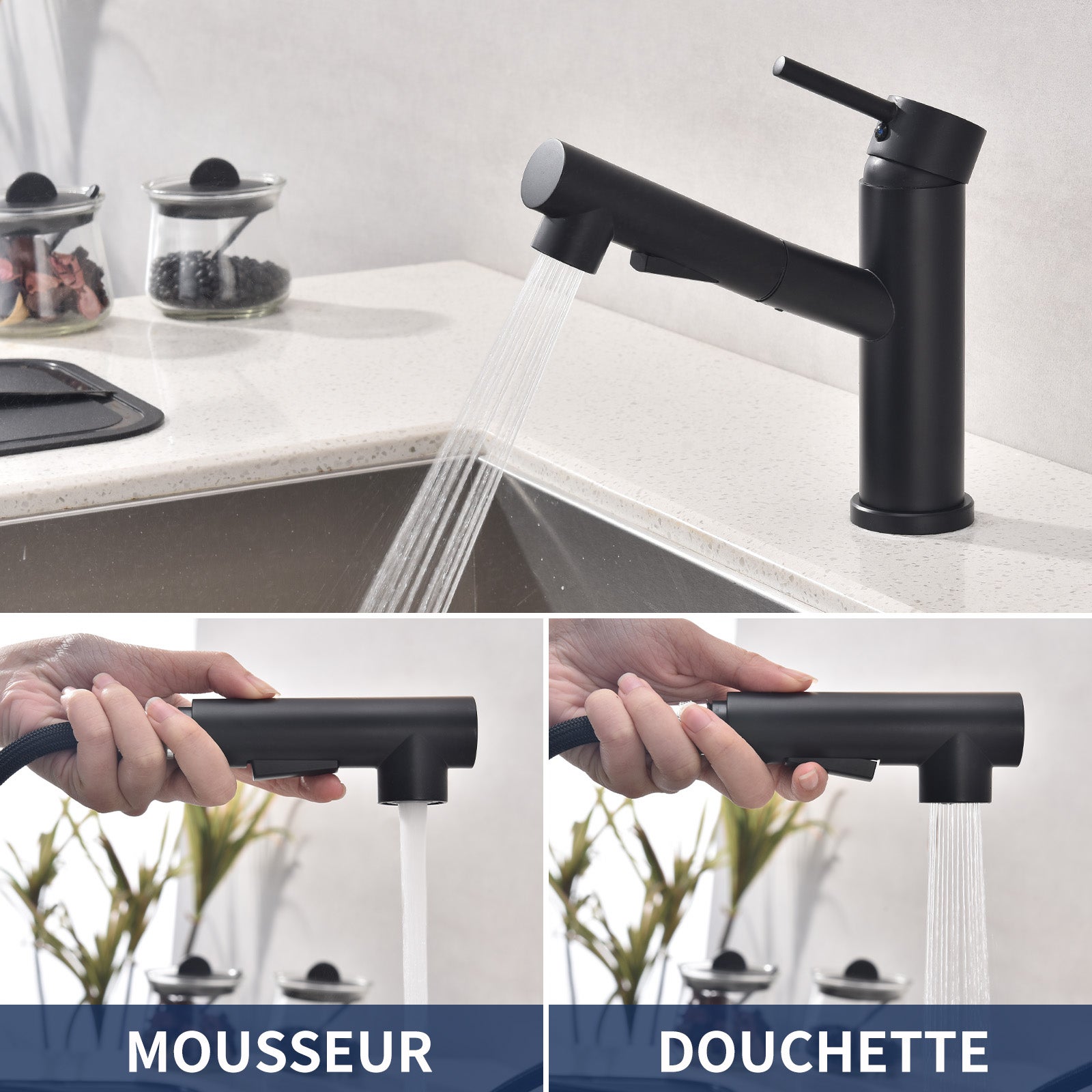 Mitigeur Cuisine avec Douchette Extractible Robinet Cuisine Noir Mitigeur d'Évier avec 2 Modes de Sortie D'eau - 3