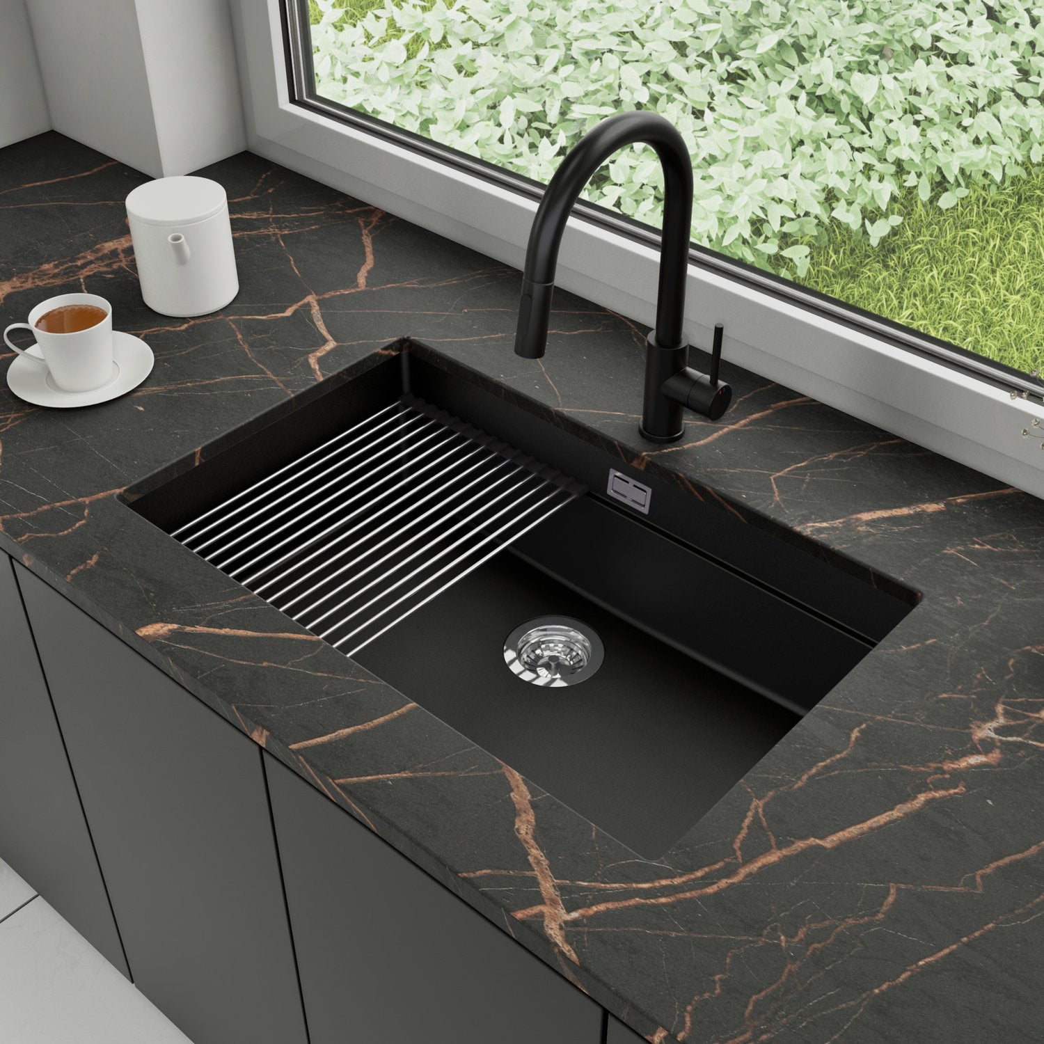 Zlewozmywak podblatowy 76x47cm, do szafki od 80cm + Bateria + Syfon + Zwijany ociekacz - Coral Czarny STONESTYLE