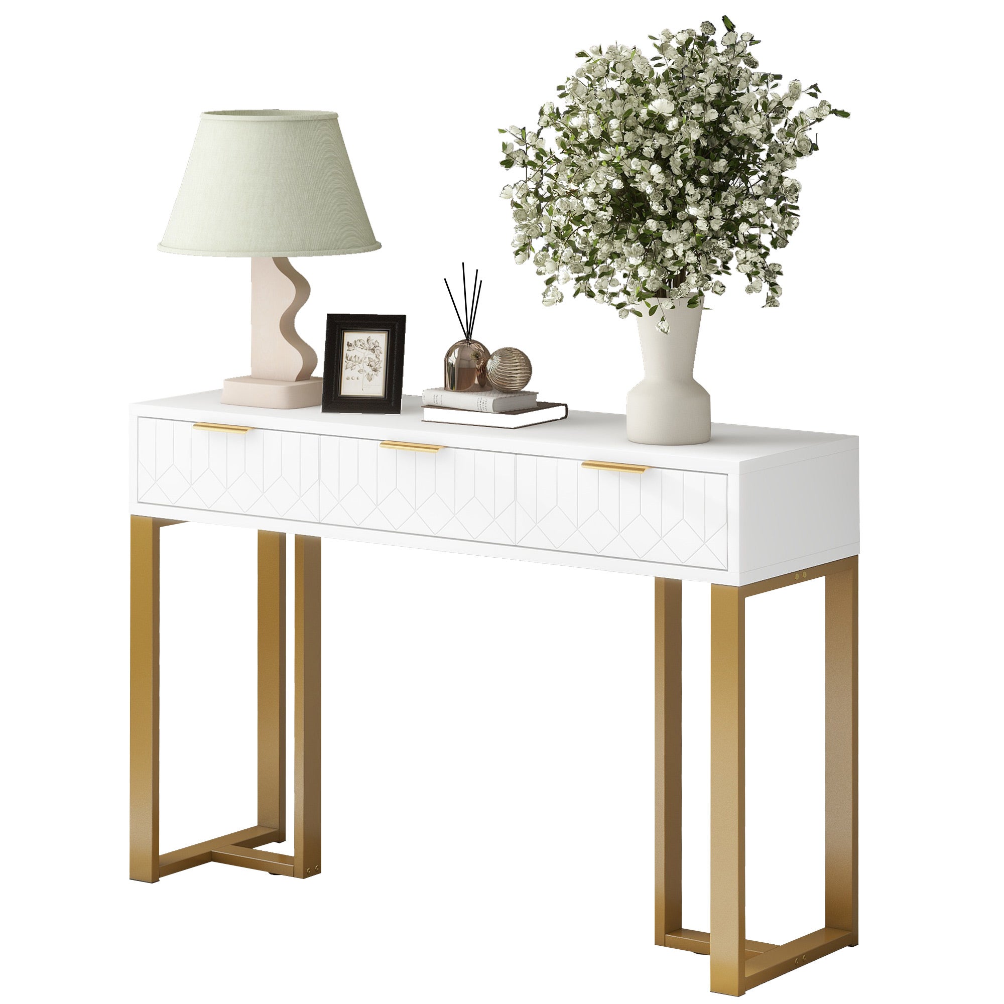 Table console moderne avec 3 tiroirs - 120 x 36 x 80 cm - MDF - pour salon, couloir - blanc + or - 4