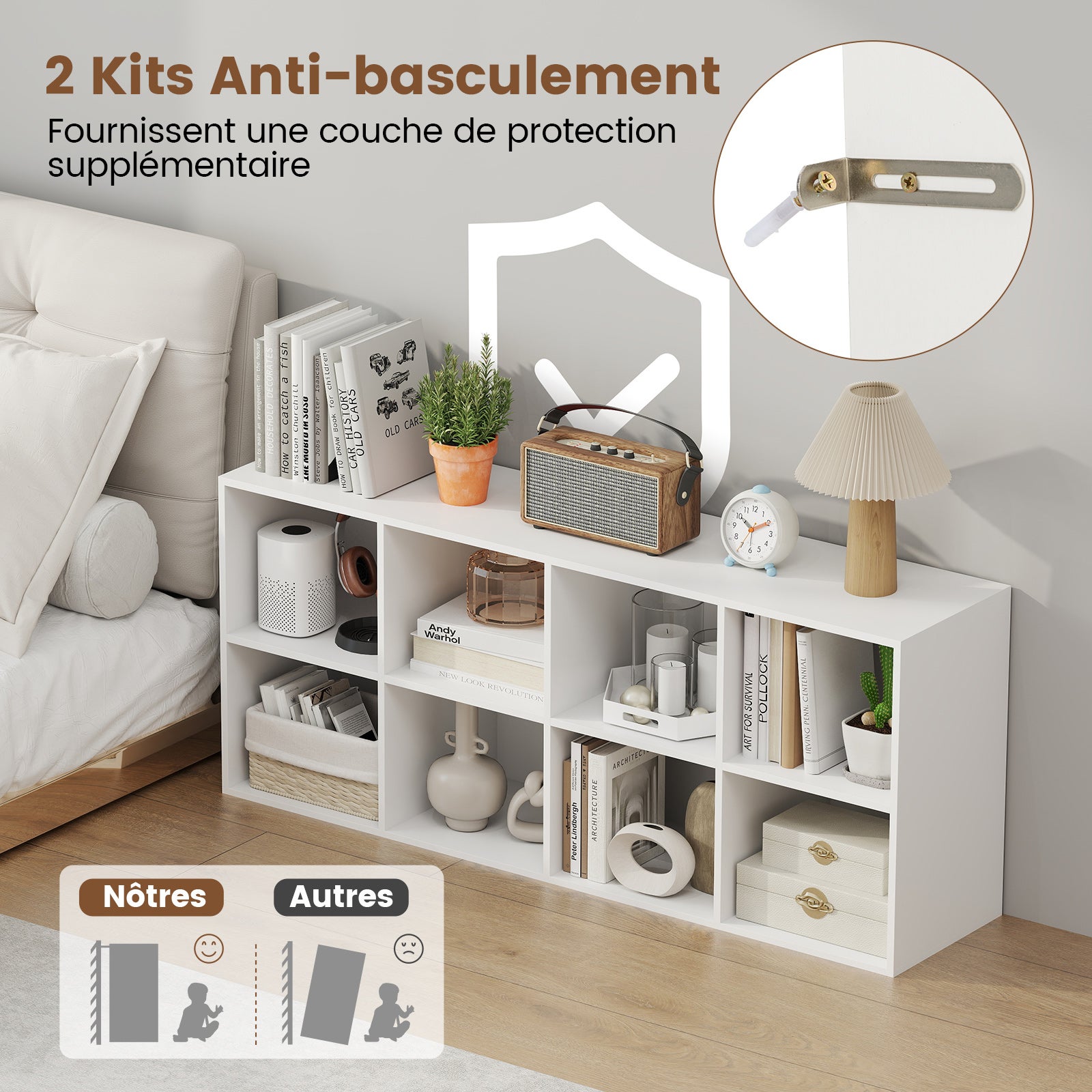 Bibliothèque d'Exposition à 2 Niveaux, Étagère de Rangement Autoportante Antibasculement, Meuble de Rangement pour Bureau & Chambre, Blanc - 4