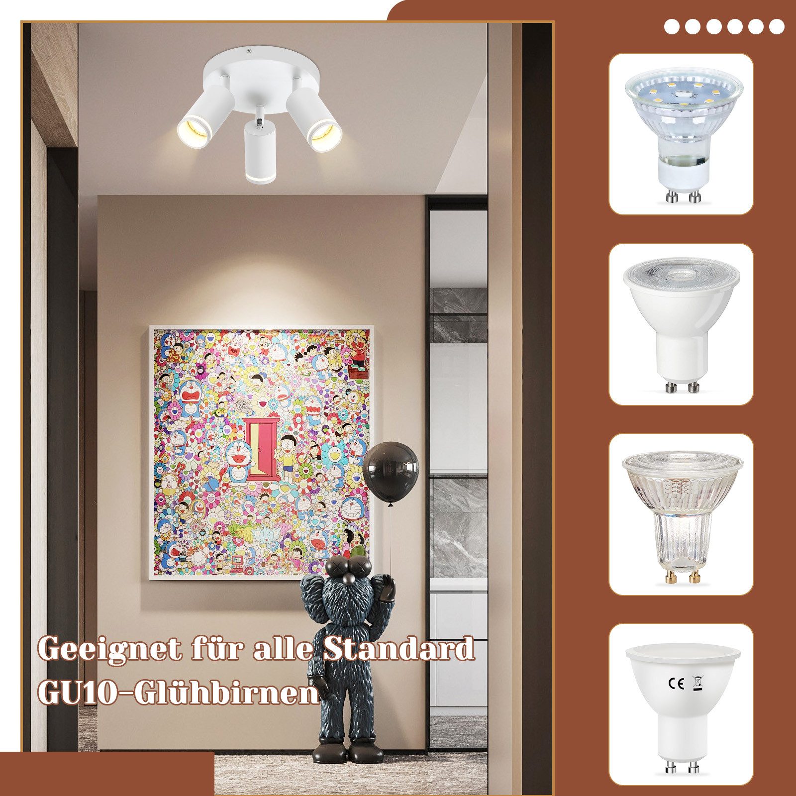 NETTLIFE Plafonnier LED 3 flamme - Blanc Plafonnier GU10 Spot pivotant Applique murale en bois Spot mural pour salon chambre Sans ampoule - 2