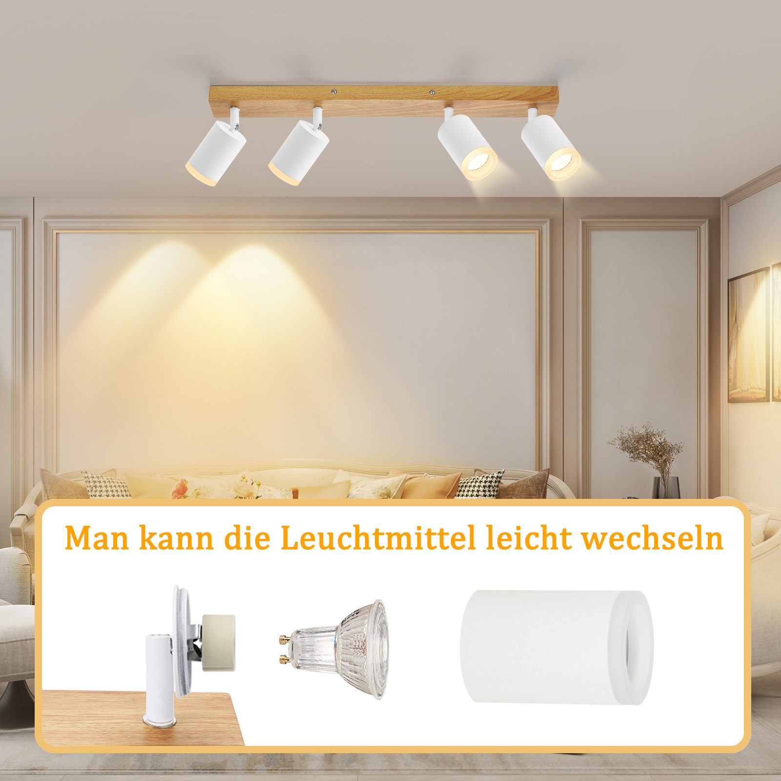 ZMH Foco de techo LED de 4 llamas GU10 madera-acrílico Lámpara de techo giratoria 350° Salón - 6