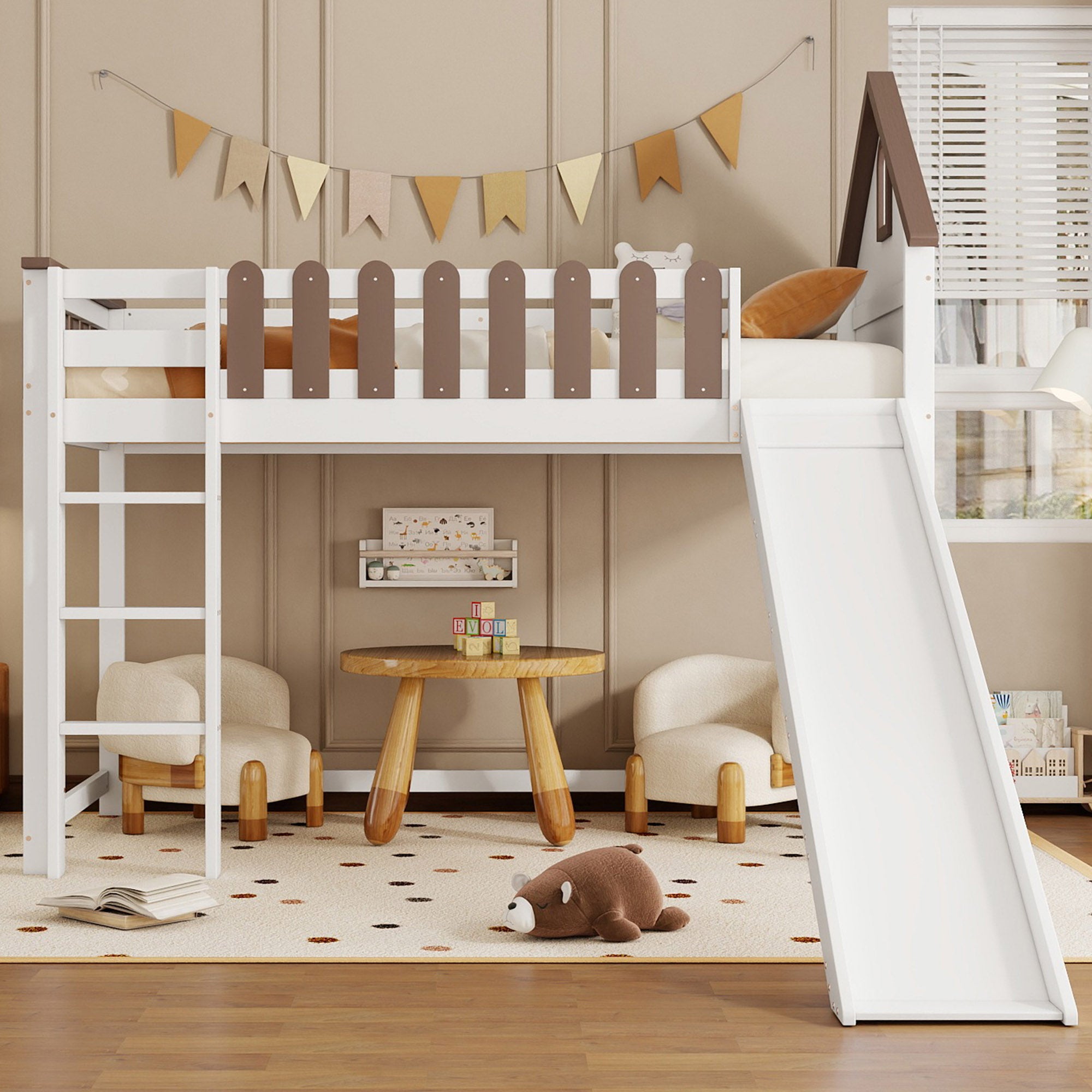 Lit mezzanine 90x200 cm avec échelle et toboggan - en bois de pin et MDF - Blanc & Marron - 2
