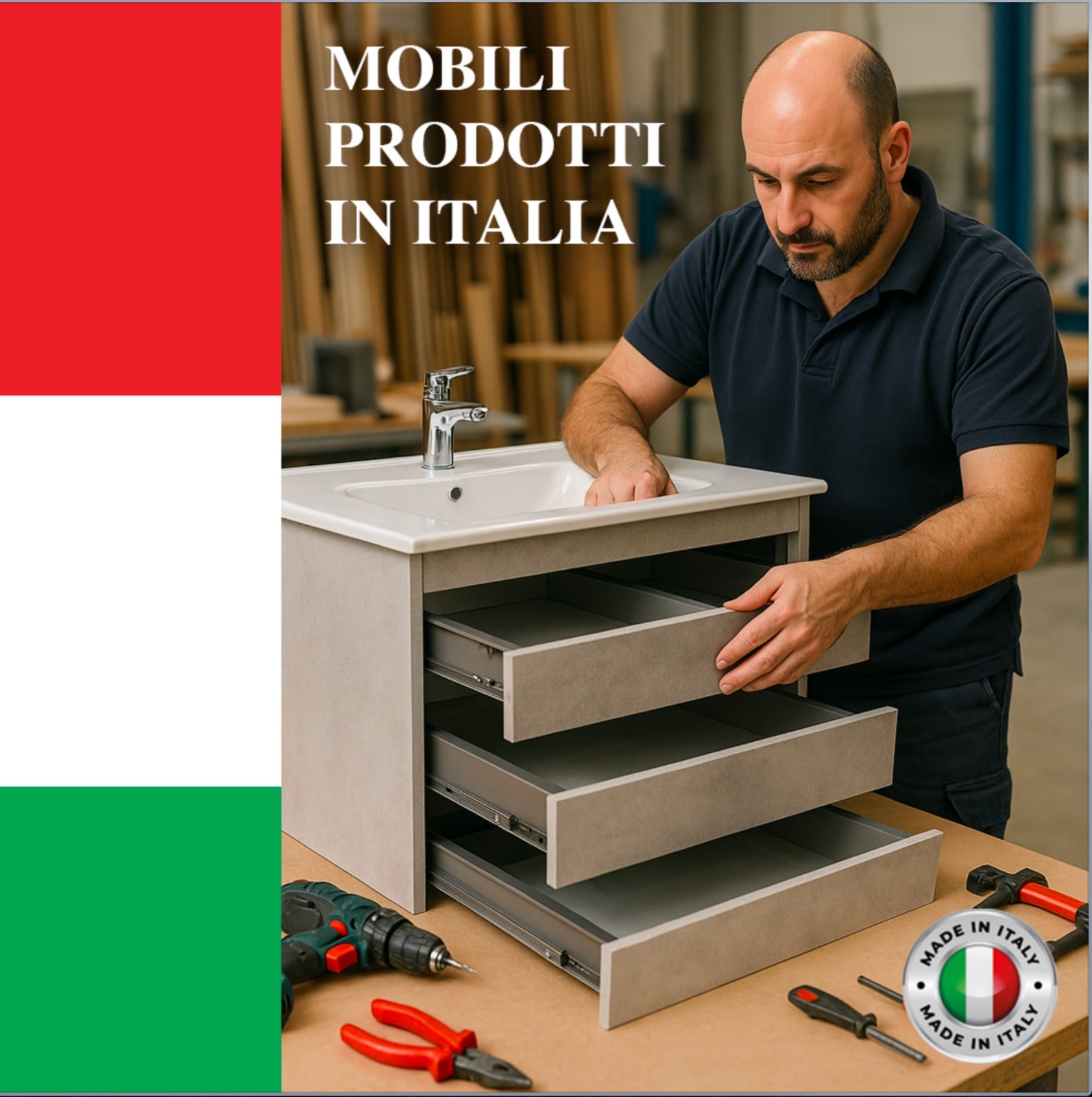 Mobile bagno sfalsato sospeso 100 cm in legno color cemento chiaro con 2 cassettoni, lavabo, specchio e faretto a led I Made in Italy - 9