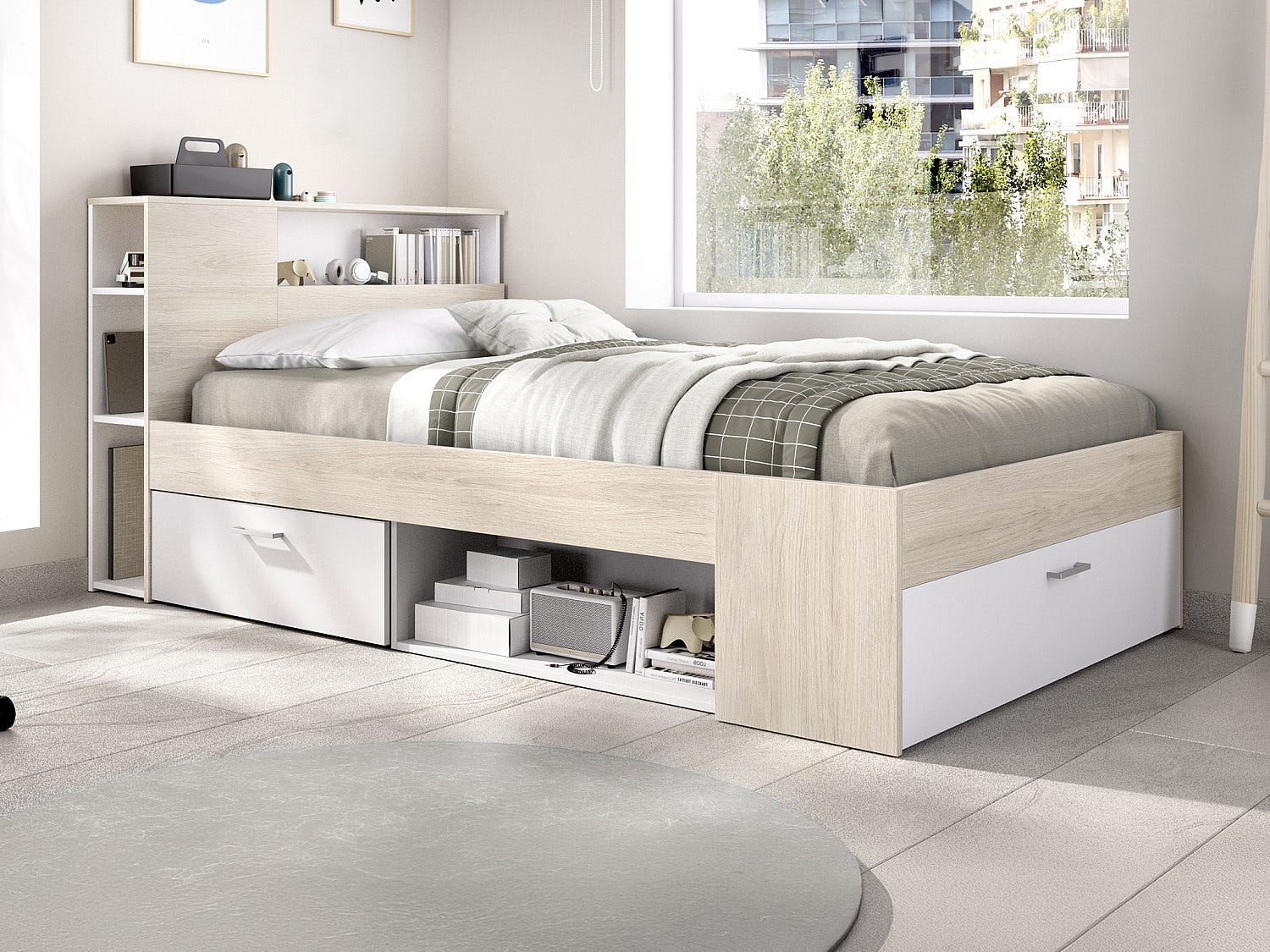 Lit avec tête de lit rangements et tiroir - 120 x 190cm - Coloris ...