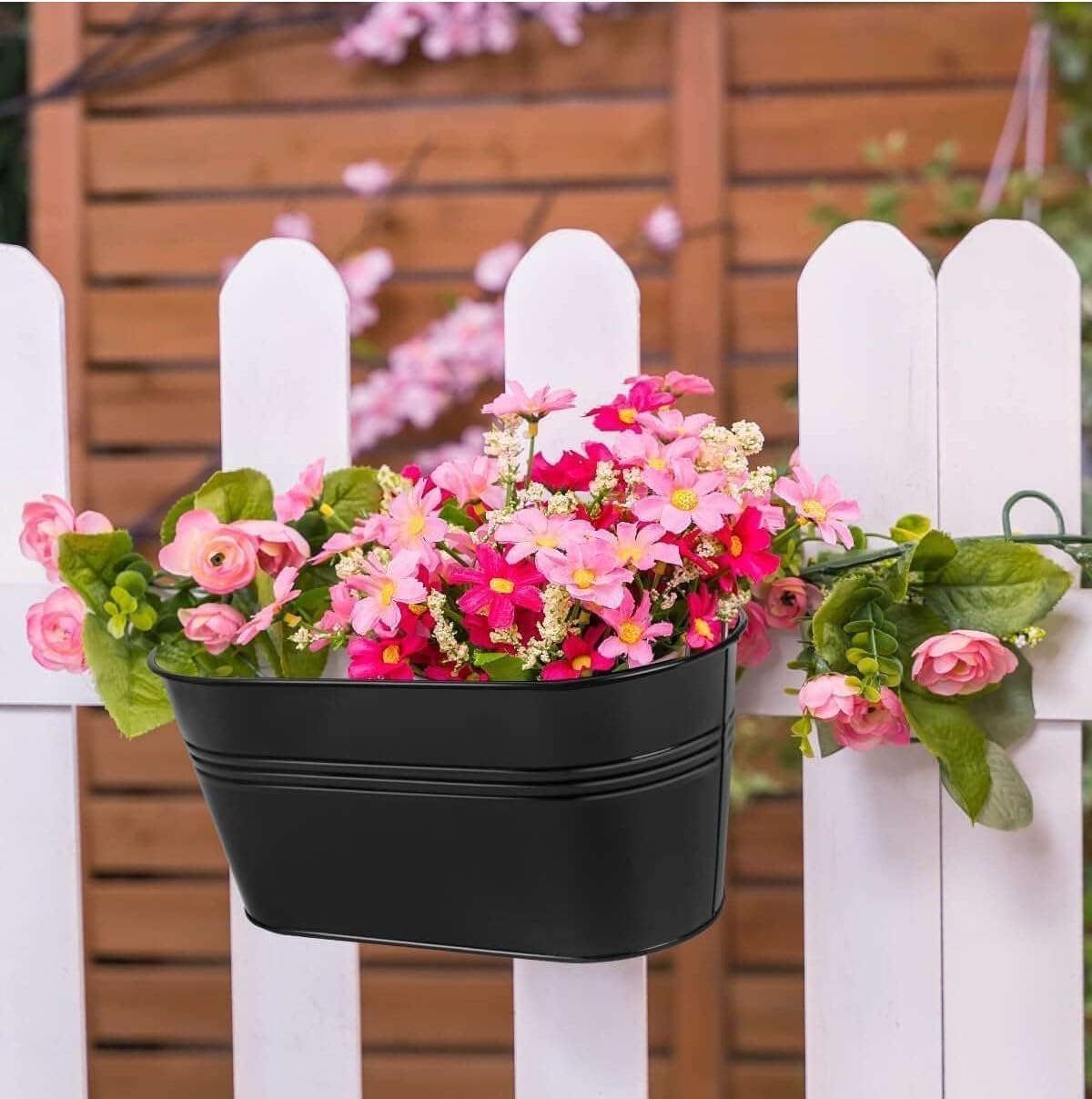 4 Pièces Pots de Fleurs Suspendus en Métal, 27CM Grands Pots de Plantes Seau à Fleurs Suspendu avec Crochet Amovible pour Balcon Jardin - 3