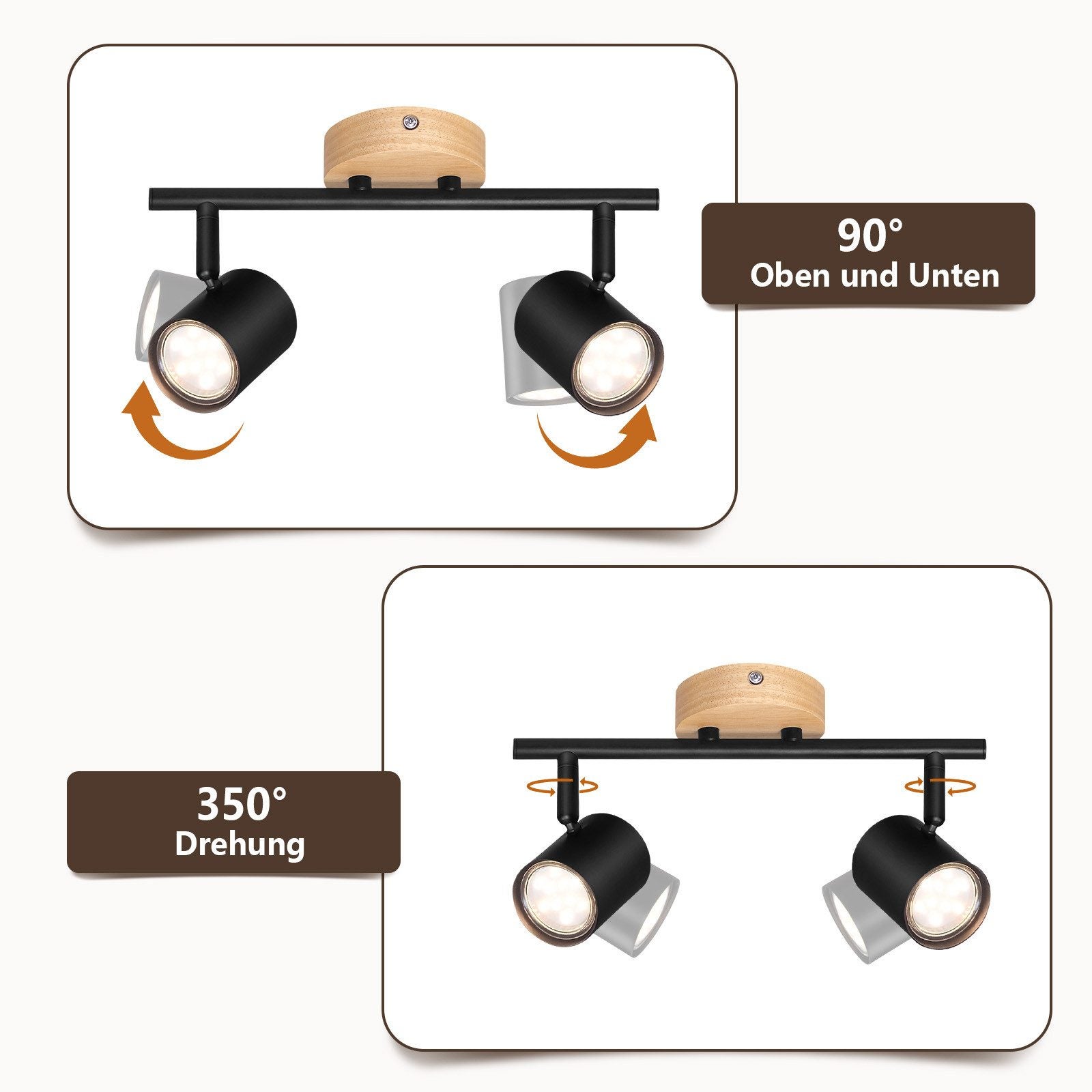 NETTLIFE Plafón LED de 2 llama - Plafón GU10 negro Foco giratorio Aplique de madera Foco de pared para salón dormitorio Sin bombilla - 4