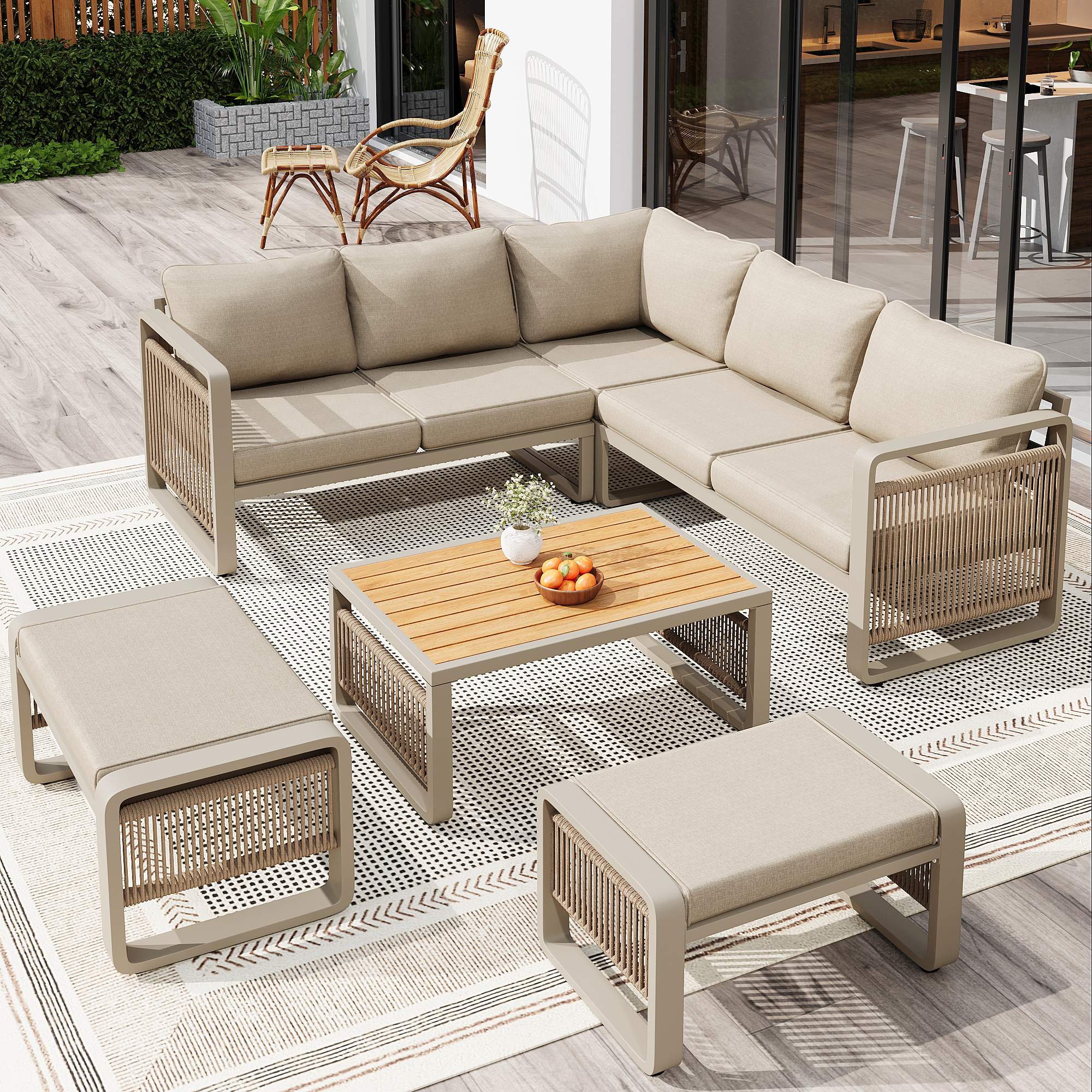 Salon de jardin corde tissée à la main pour 6-7 personnes,avec pieds de chaise réglables,Ensemble de canapé d'angle extérieur avec table basse,Beige - 7